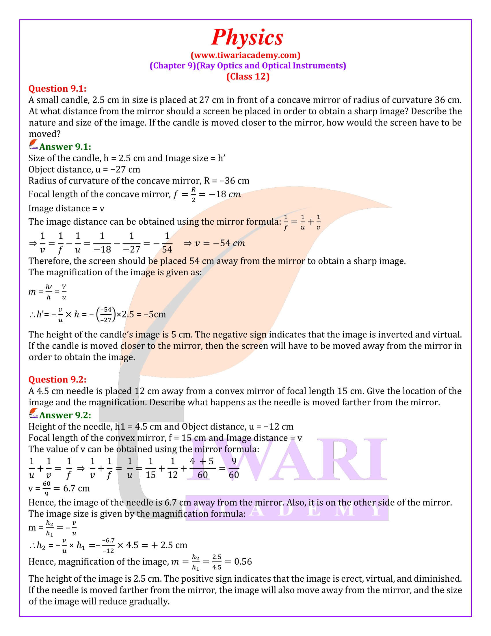 NCERT Solutions for Class 12 Physics Chapter 9 Ray Optics