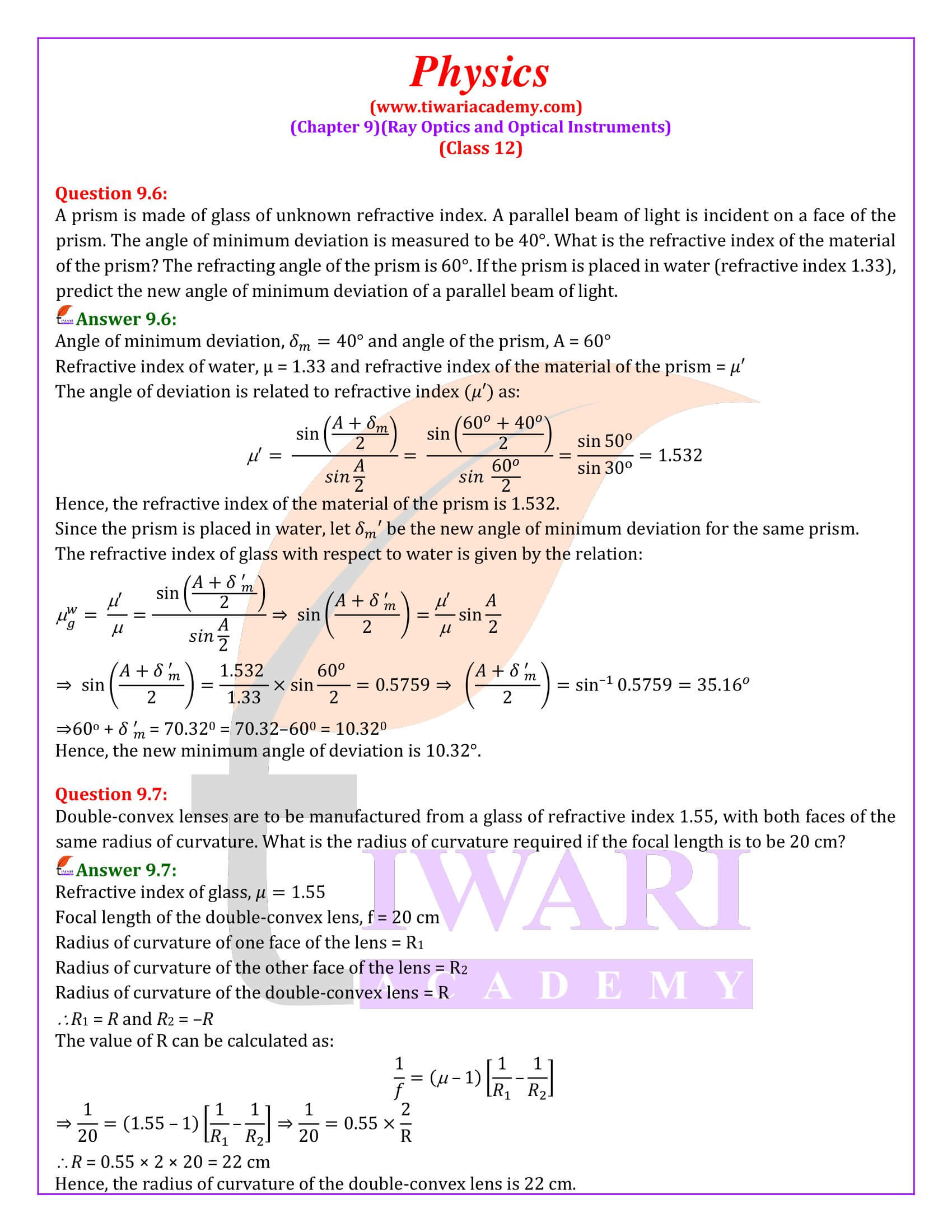NCERT Solutions for Class 12 Physics Chapter 9 in English Medium