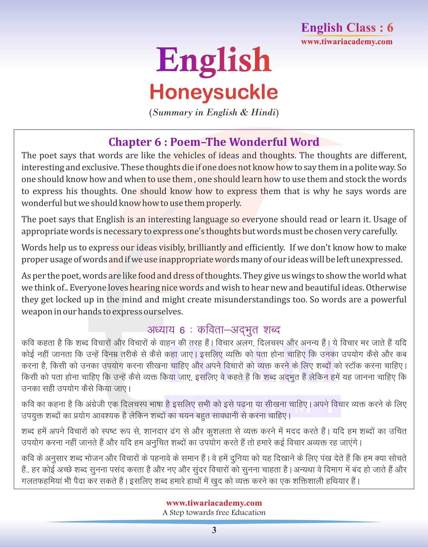 Class 6 English Chapter 6 Poem Summary in Hindi & English