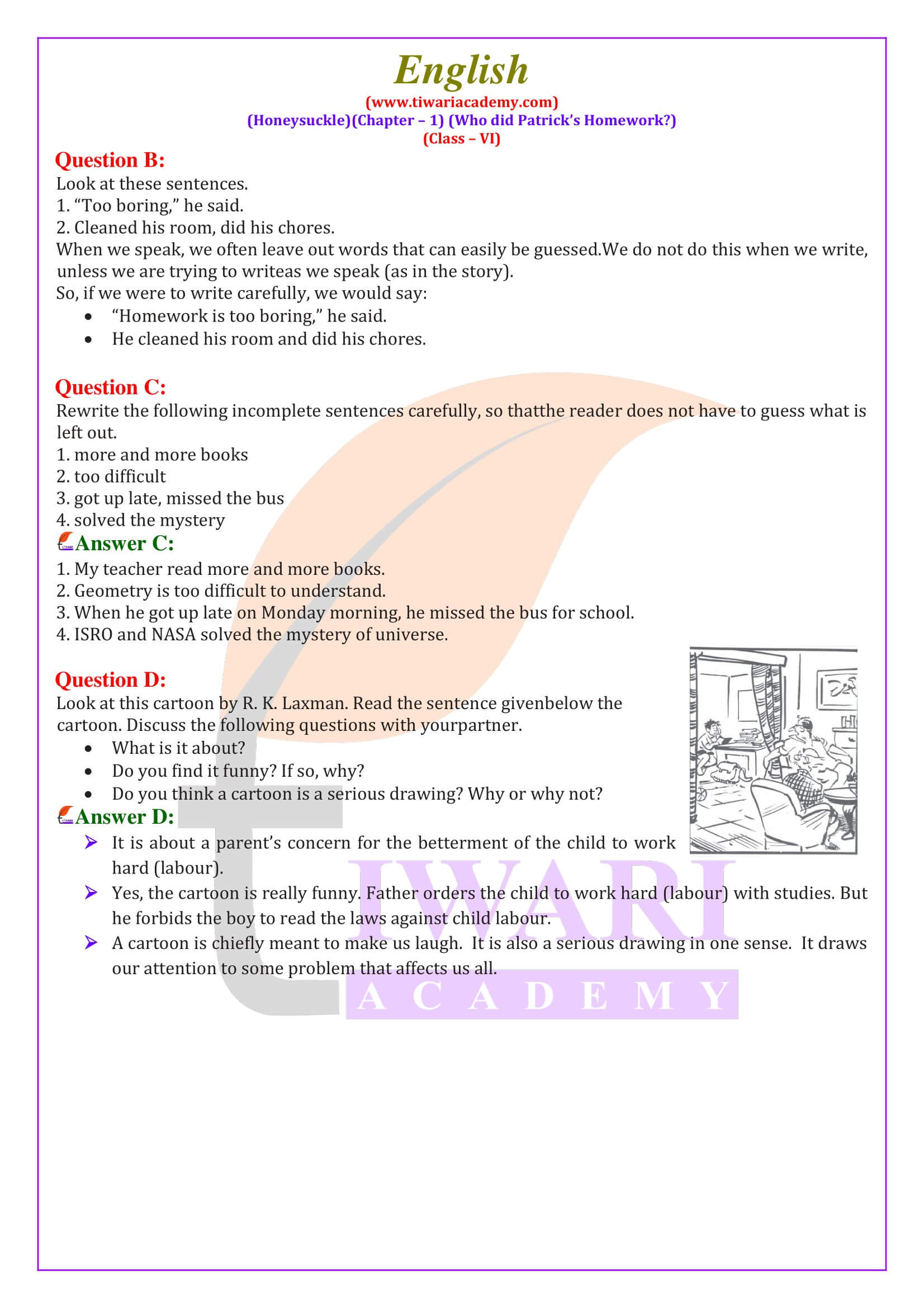 Class 6 English Chapter 1 Questions Answers