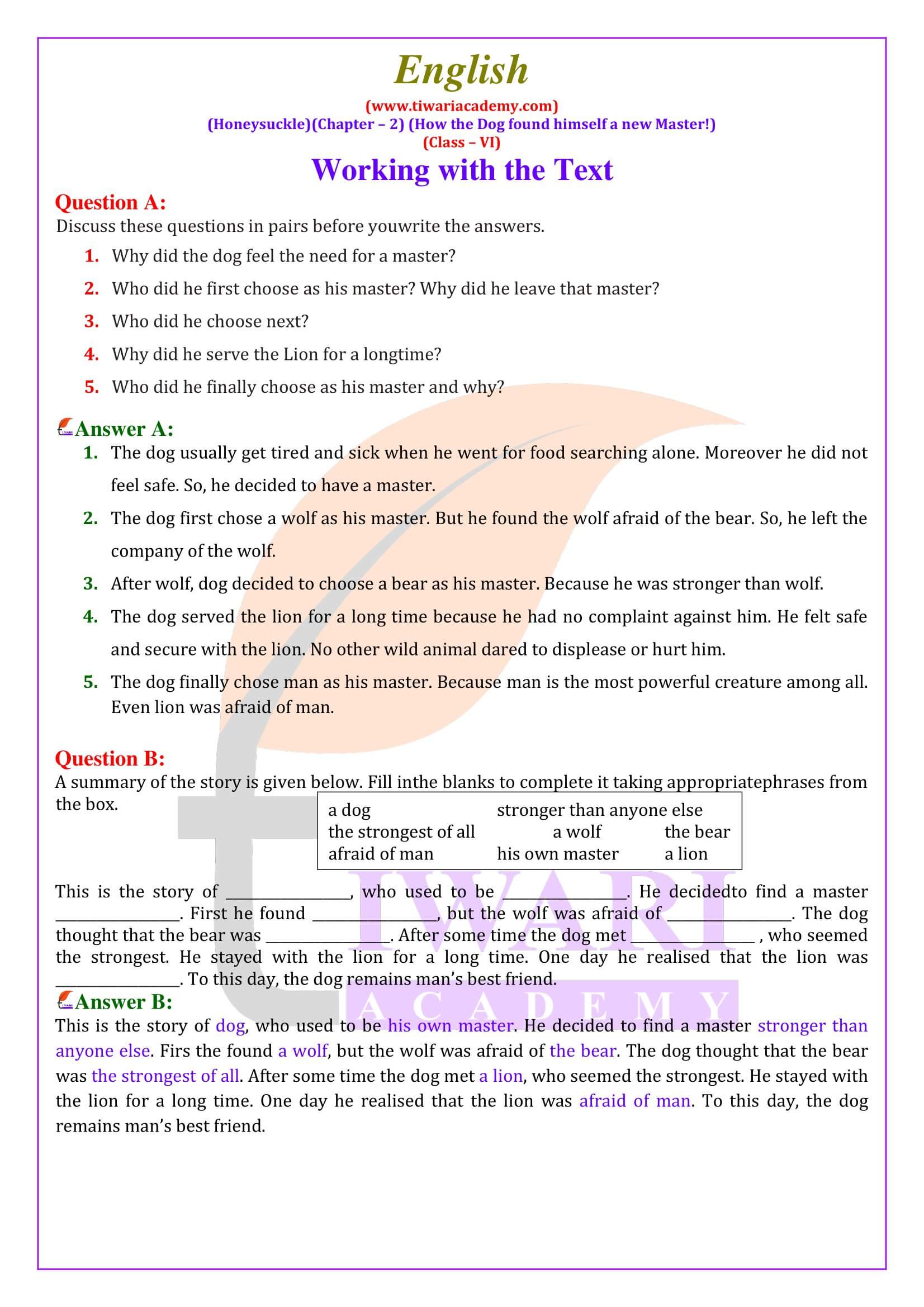 NCERT Solutions for Class 6 English Honeysuckle Chapter 2 How the Dog Found Himself a New Master