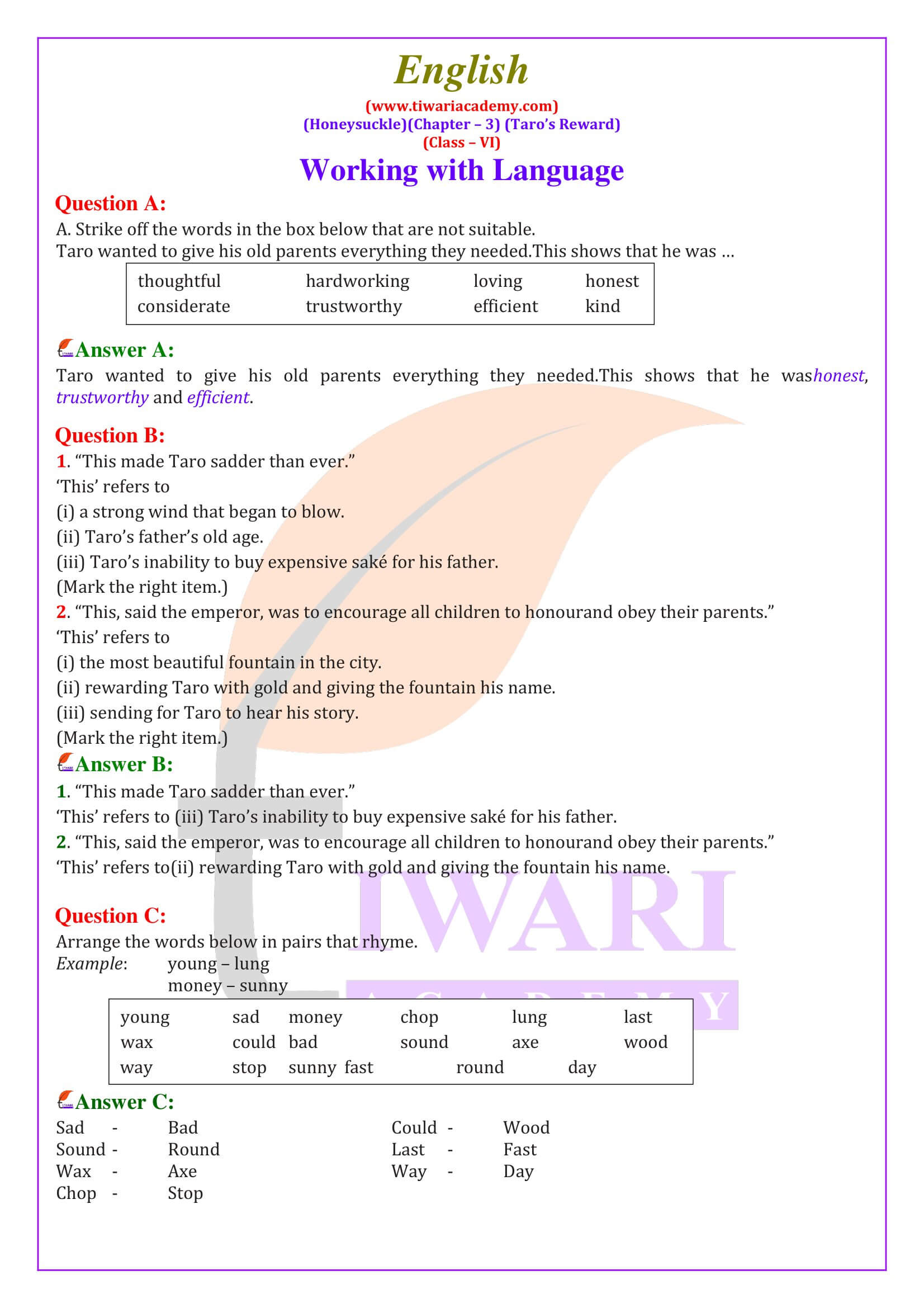 NCERT Solutions for Class 6 English Honeysuckle Chapter 3 Taro’s Reward Questions Answers