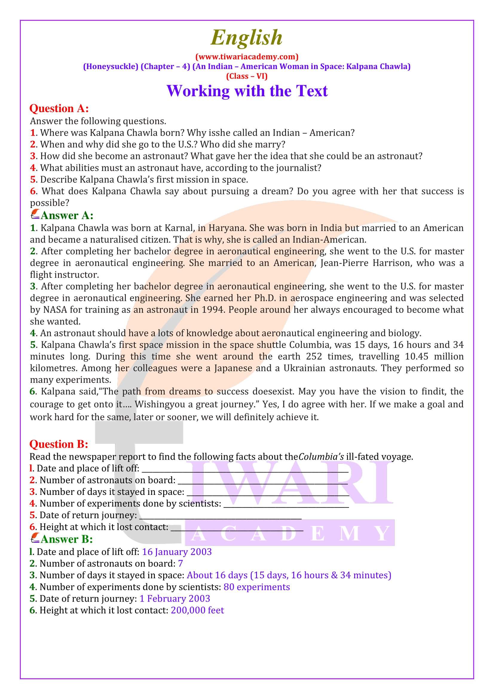 NCERT Solutions for Class 6 English Honeysuckle Chapter 4 An Indian – American Woman in Space: Kalpana Chawala