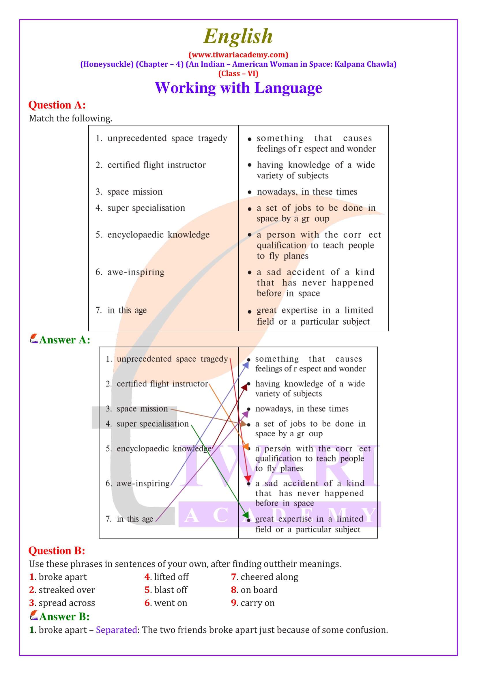 NCERT Solutions for Class 6 English Honeysuckle Chapter 4 An Indian – American Woman in Space