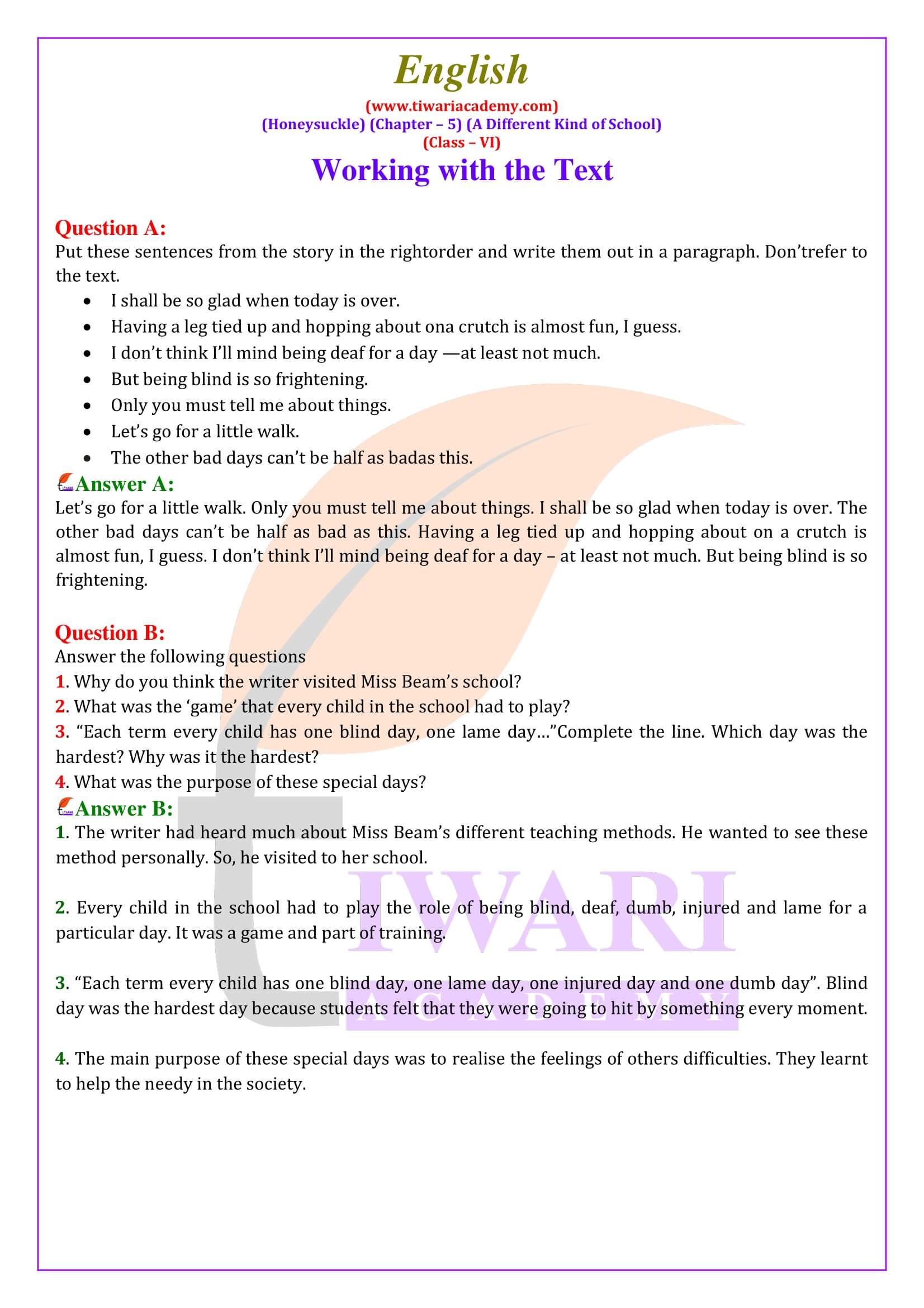 NCERT Solutions for Class 6 English Honeysuckle Chapter 5 A Different Kind of School