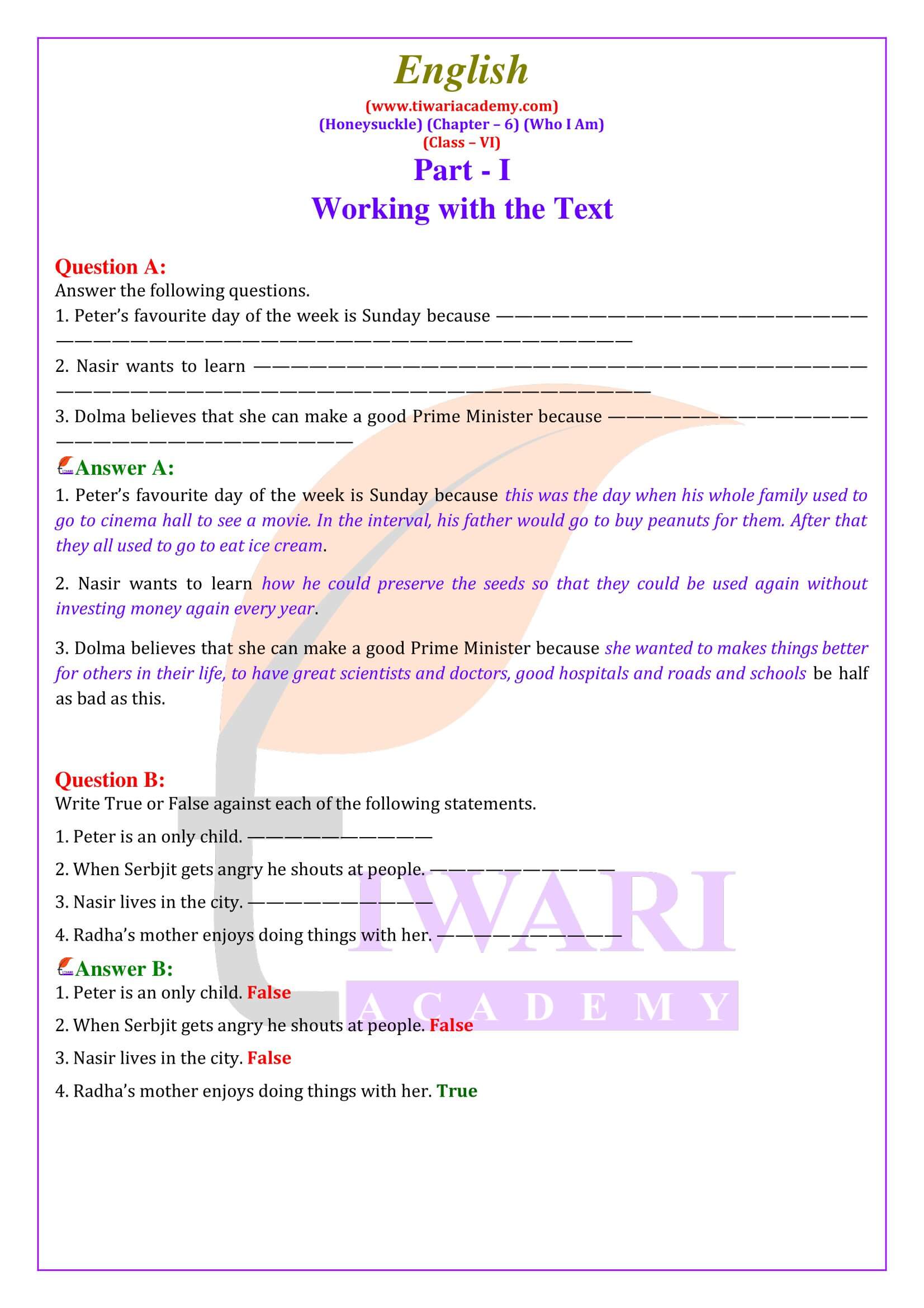 NCERT Solutions for Class 6 English Honeysuckle Chapter 6 Who I Am