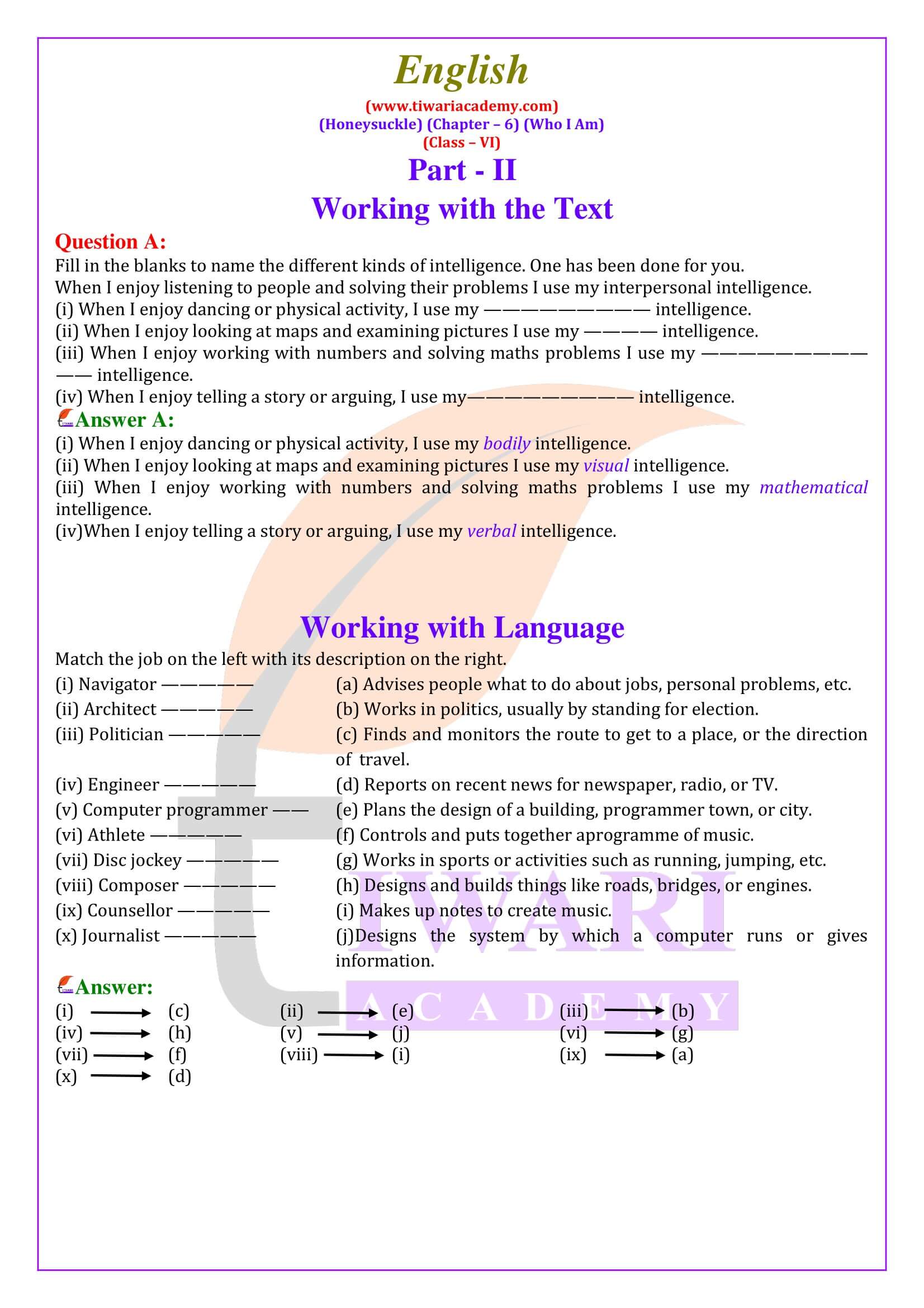 NCERT Solutions for Class 6 English Honeysuckle Chapter 6 Who I Am Question Answers