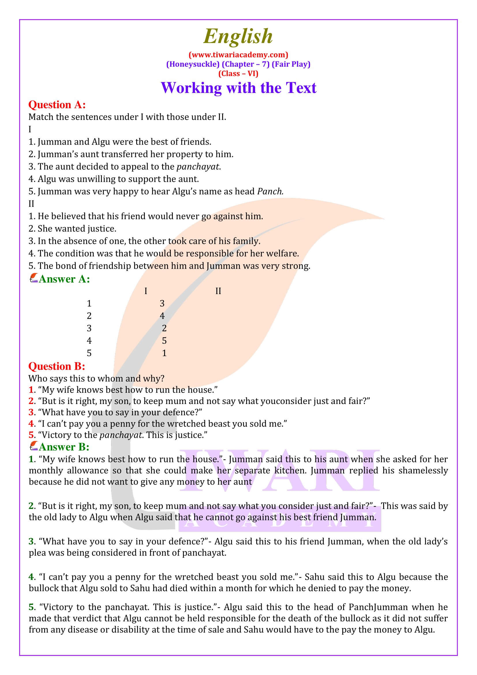 NCERT Solutions for Class 6 English Honeysuckle Chapter 7