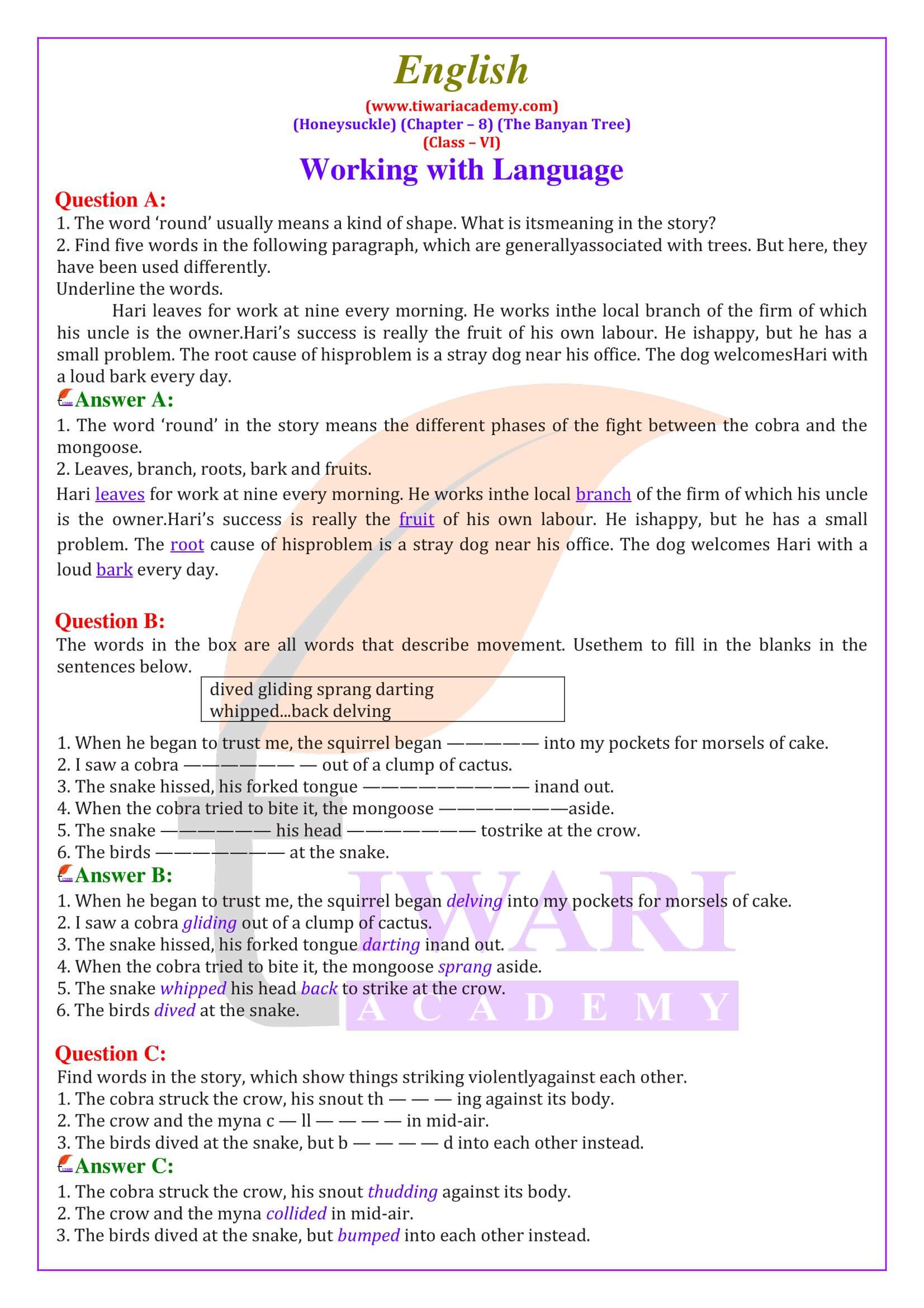 NCERT Solutions for Class 6 English Honeysuckle Chapter 8 Revised syllabus