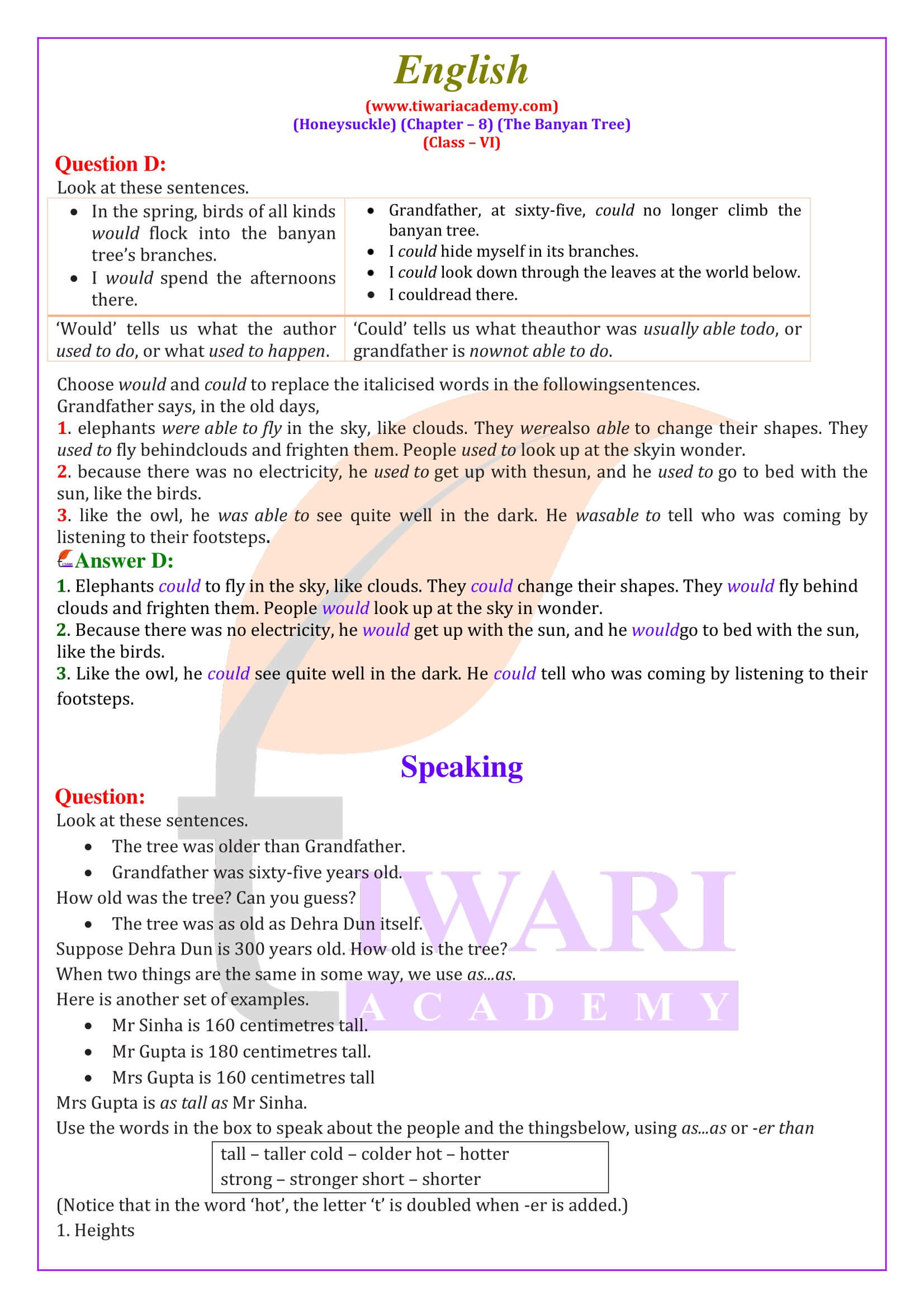 NCERT Solutions for Class 6 English Honeysuckle Chapter 8 Exercises