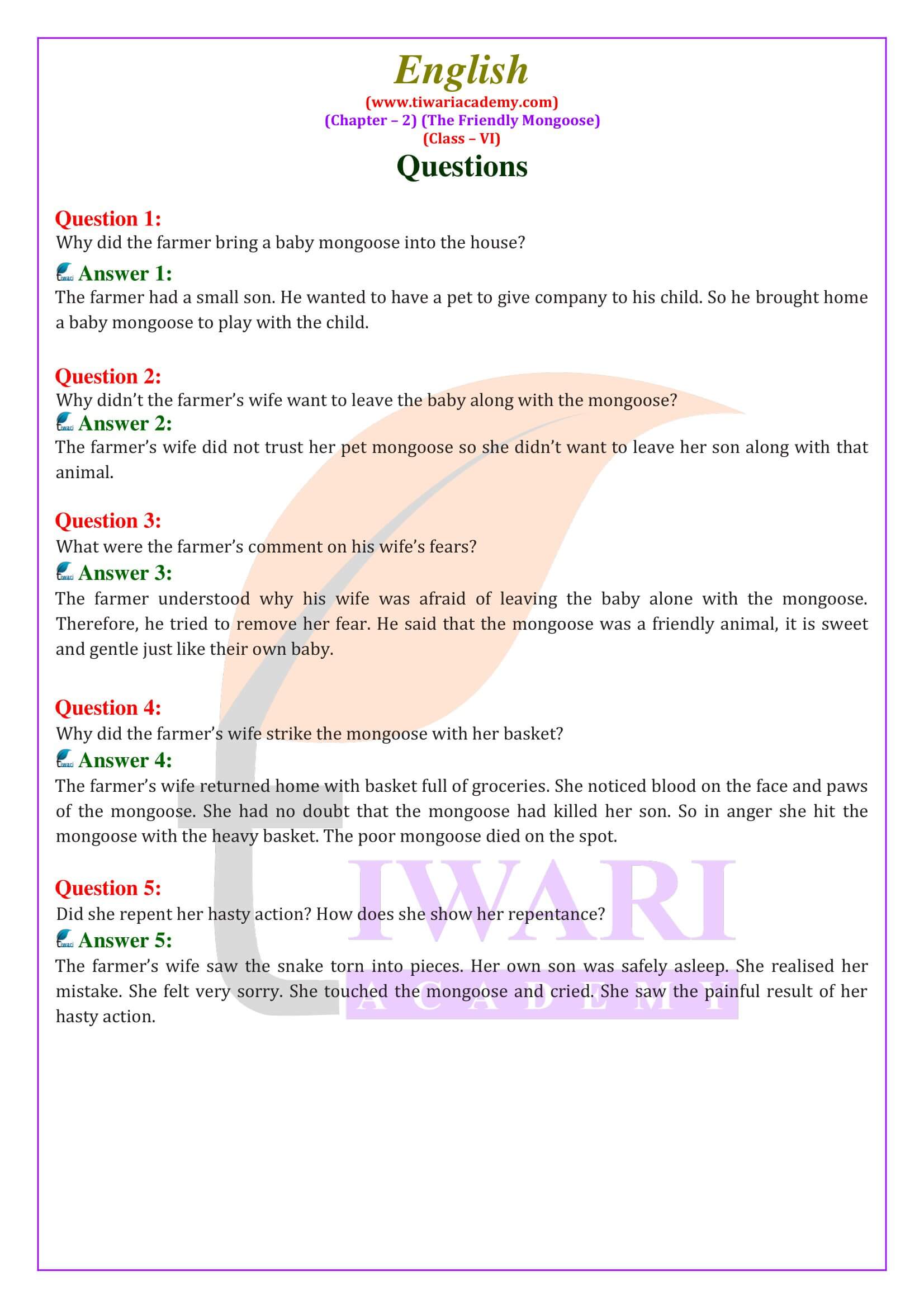 Class 6 English Chapter 2 The Friendly Mongoose