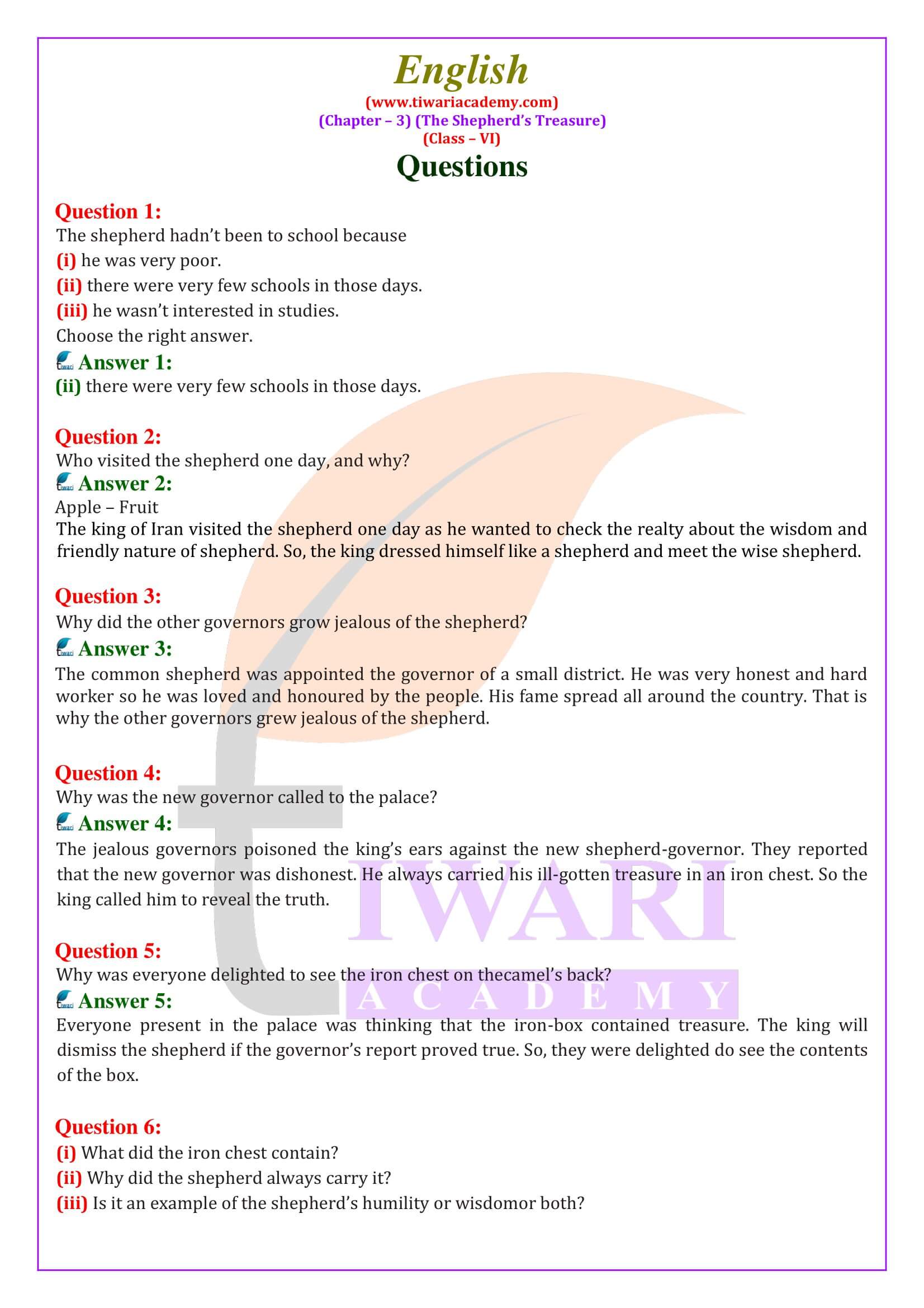 class 6 english chapter 2.3 question answer