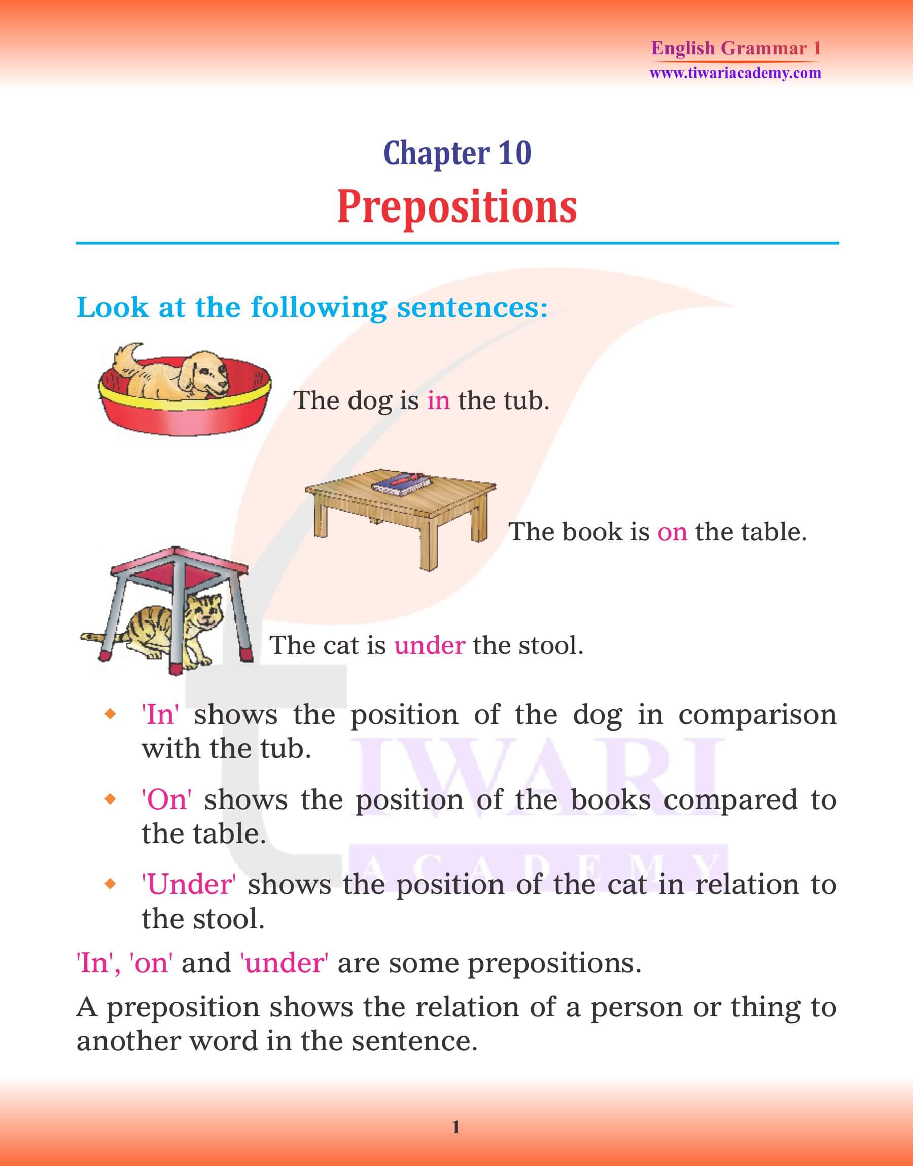 Class 1 English Grammar Chapter 10 Prepositions