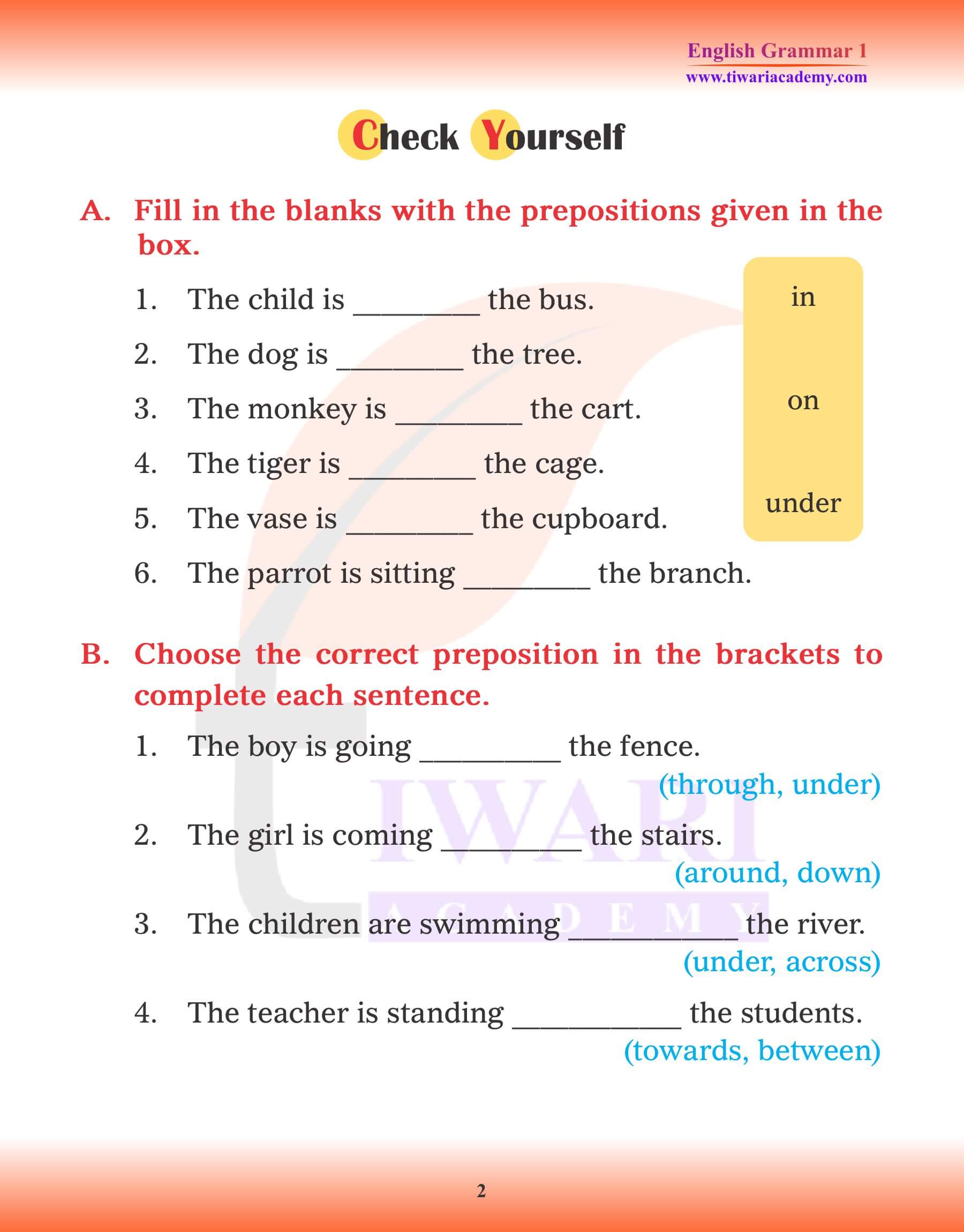 Class 1 English Grammar Prepositions