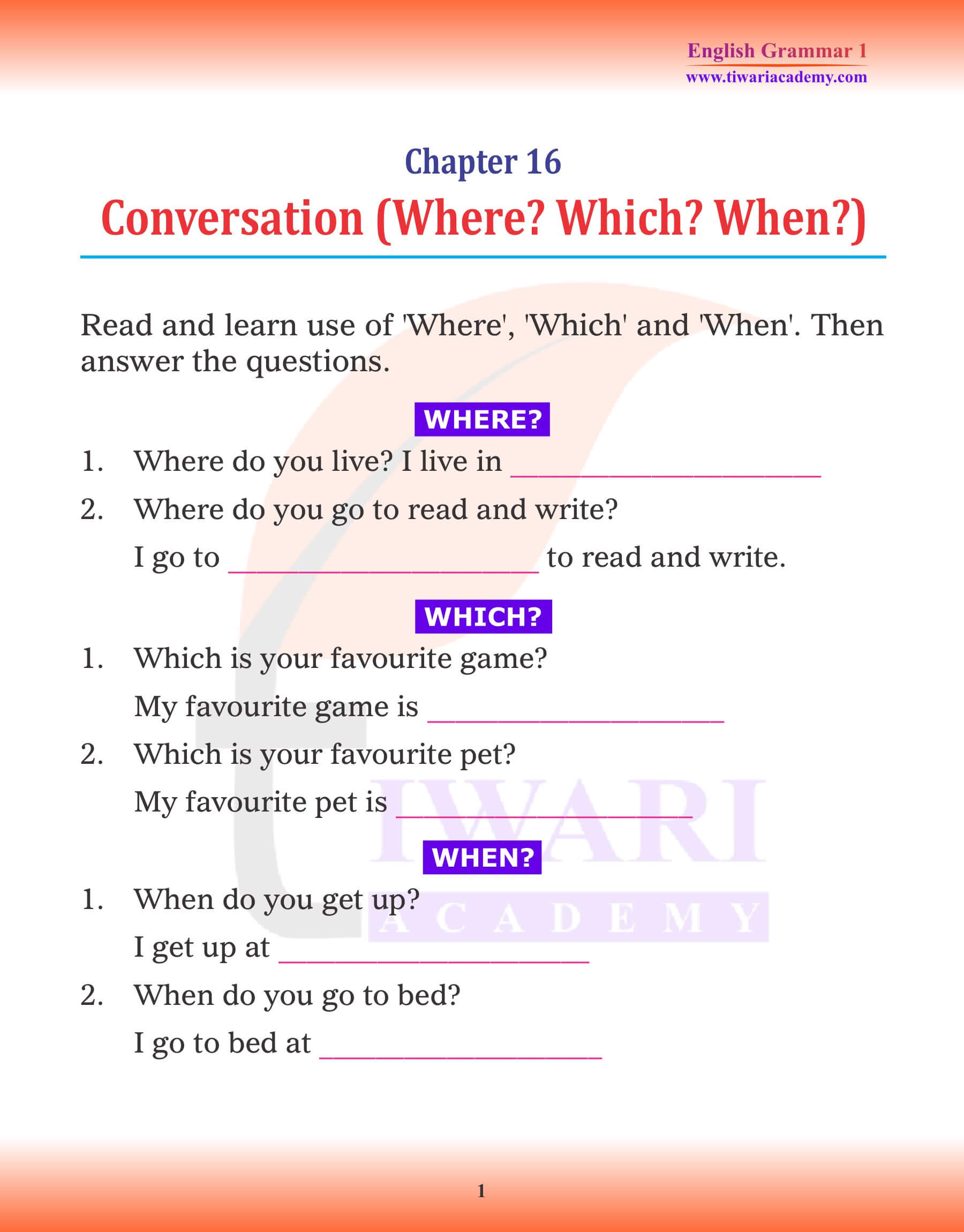 Class 1 English Grammar Chapter 16 Conversation Question words