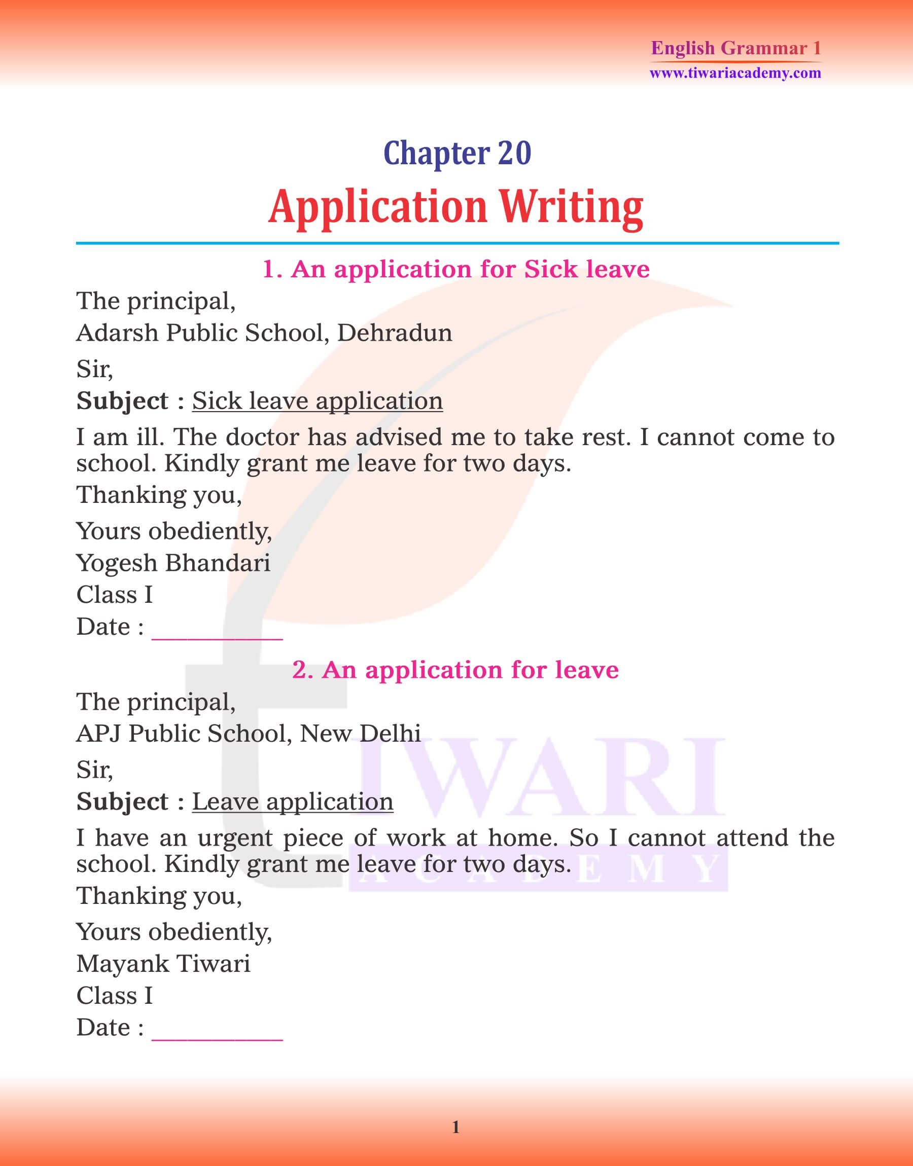 Class 1 English Grammar Chapter 20 Application Writing