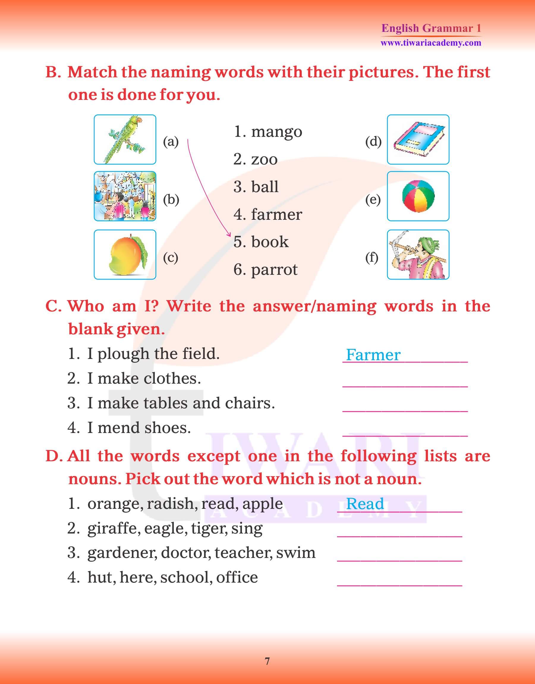 Class 1 English Grammar Chapter 3 Noun worksheets