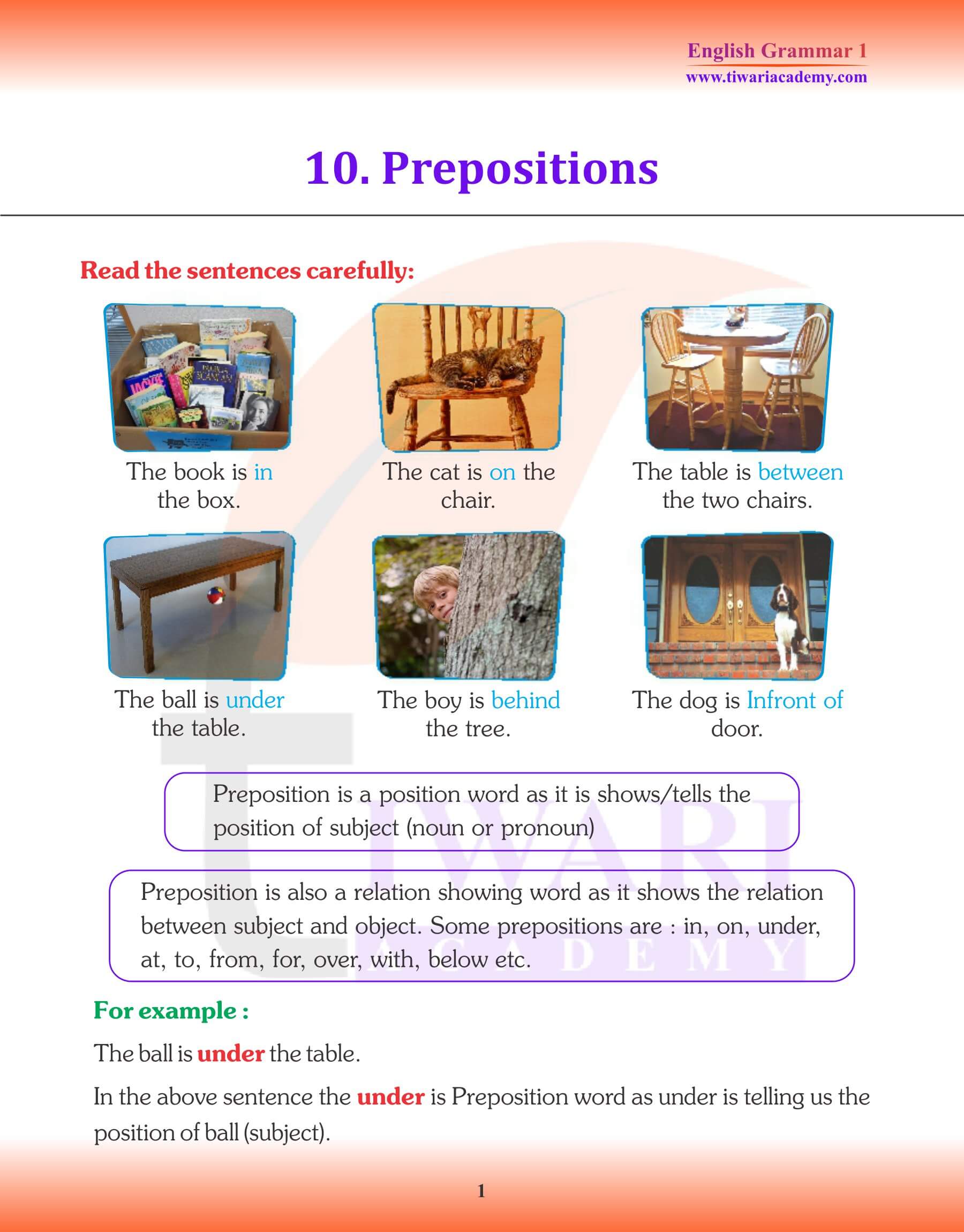 Class 1 English Grammar Chapter 10 Prepositions Revision book