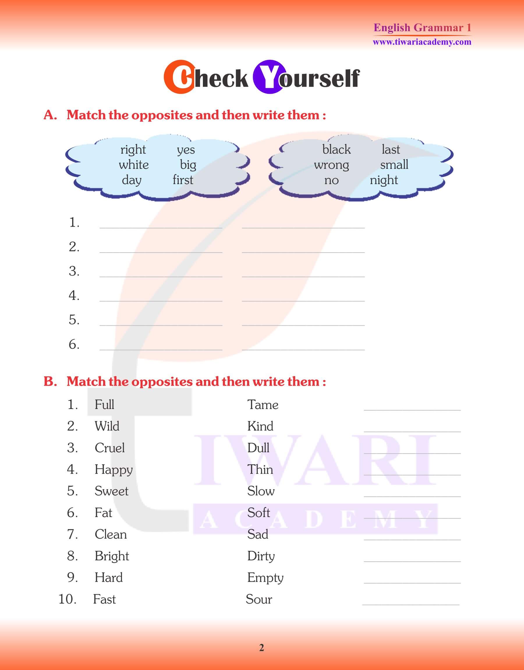 Class 1 English Grammar Chapter 11 Opposite Words Revision book