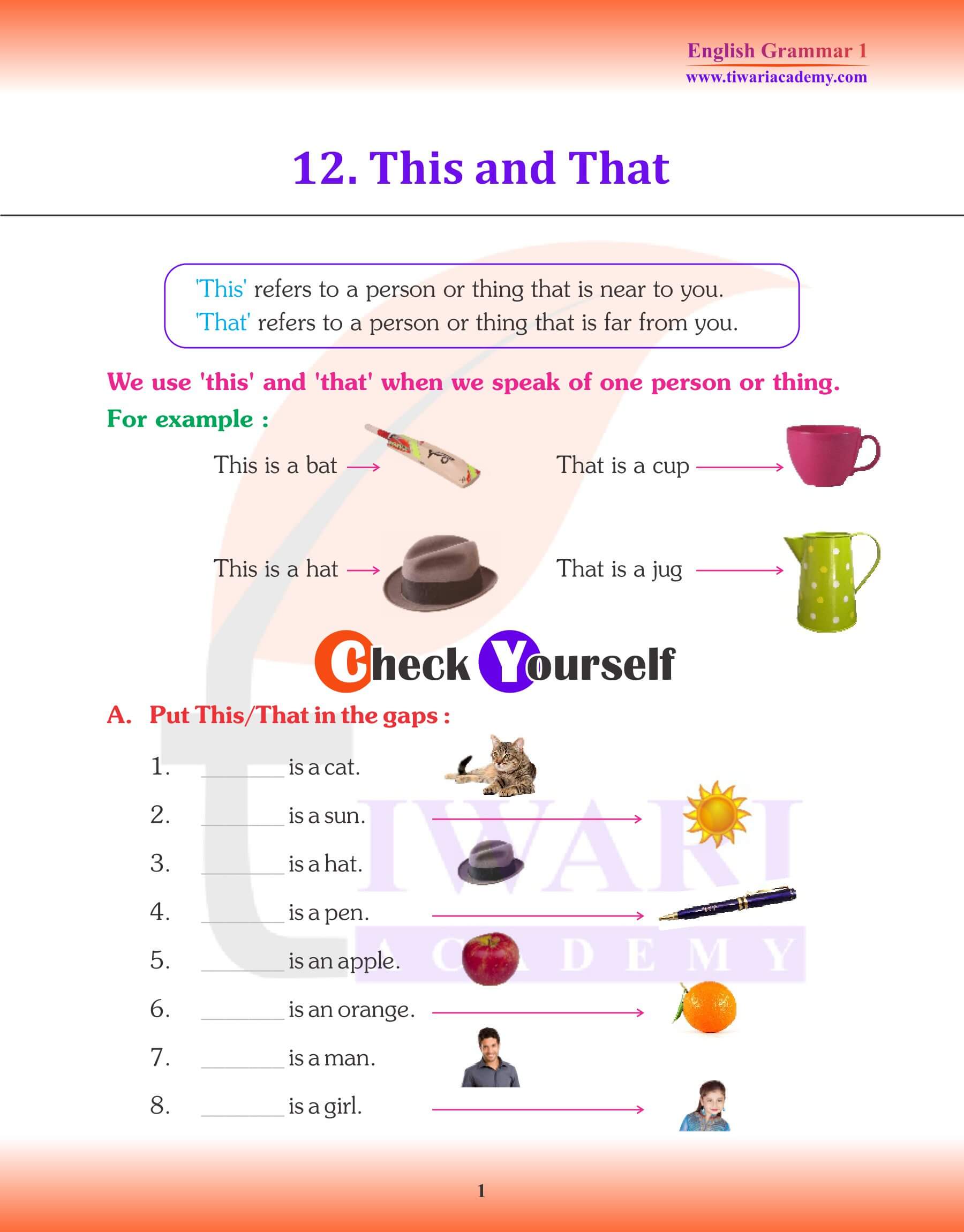 Class 1 English Grammar Chapter 12 This and That Revision Book