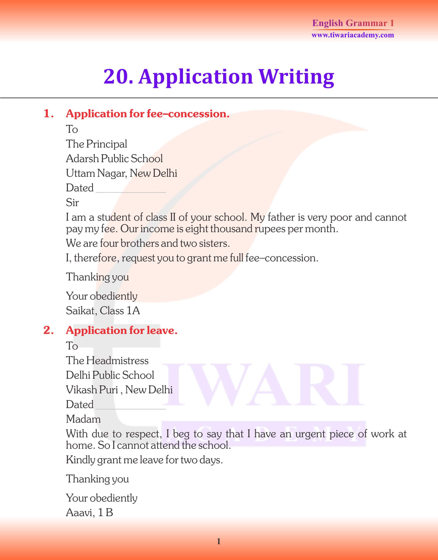 Class 1 English Grammar Chapter 20 Application Writing Examples