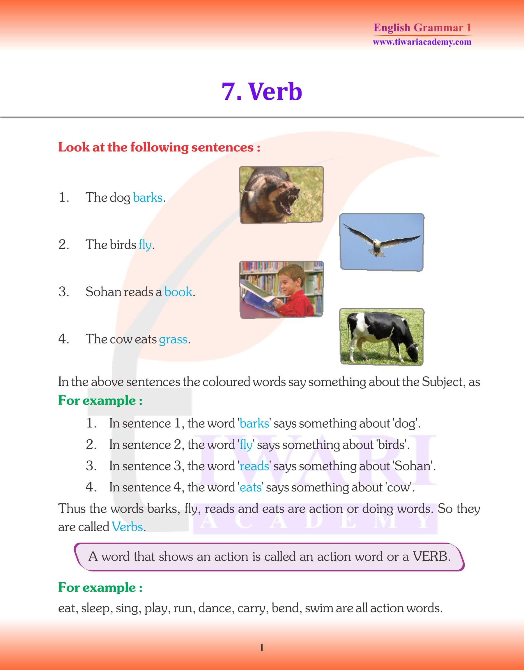 Class 1 English Grammar Chapter 7 Verb Revision book