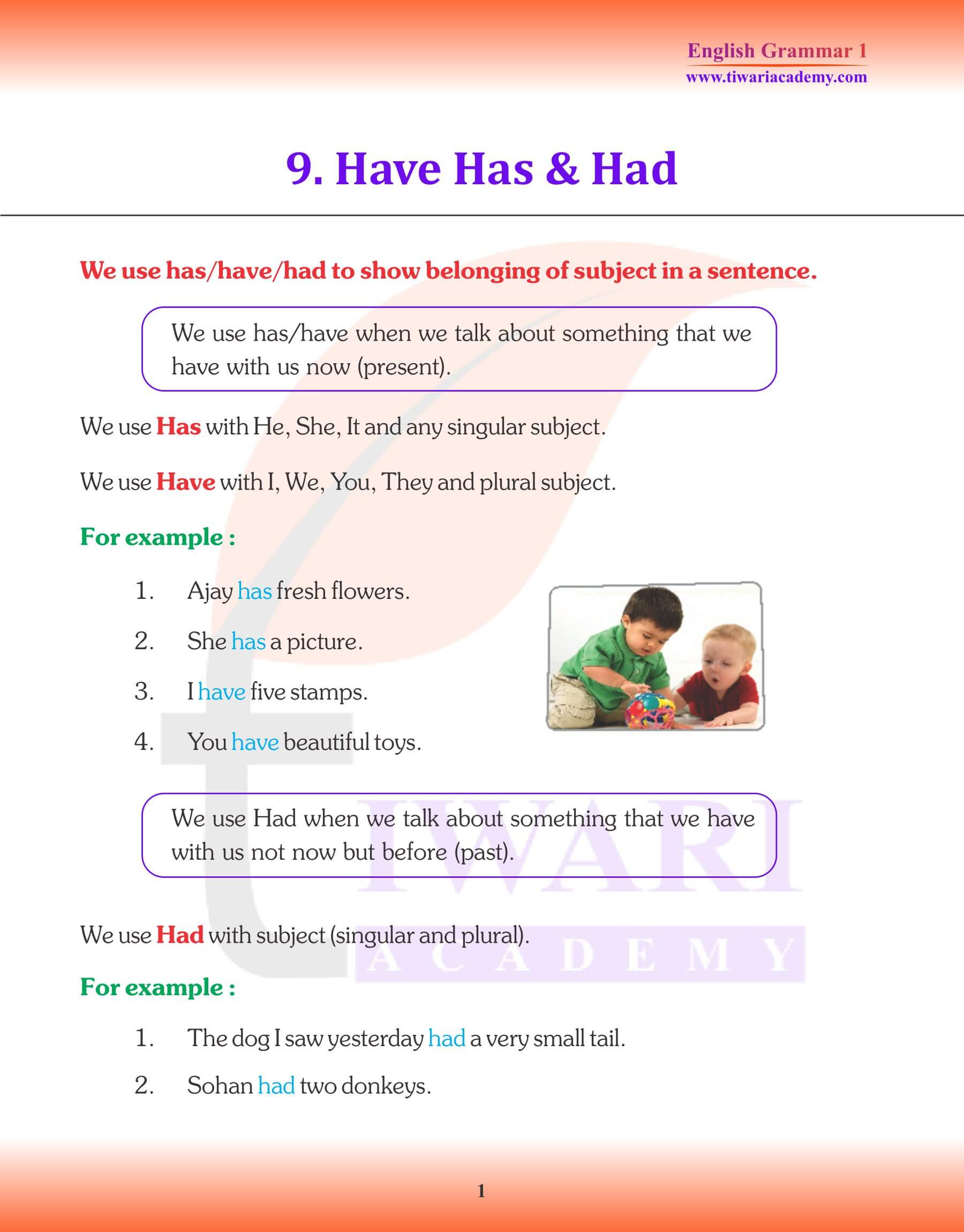 Class 1 English Grammar Chapter 9 Has, Have and Had