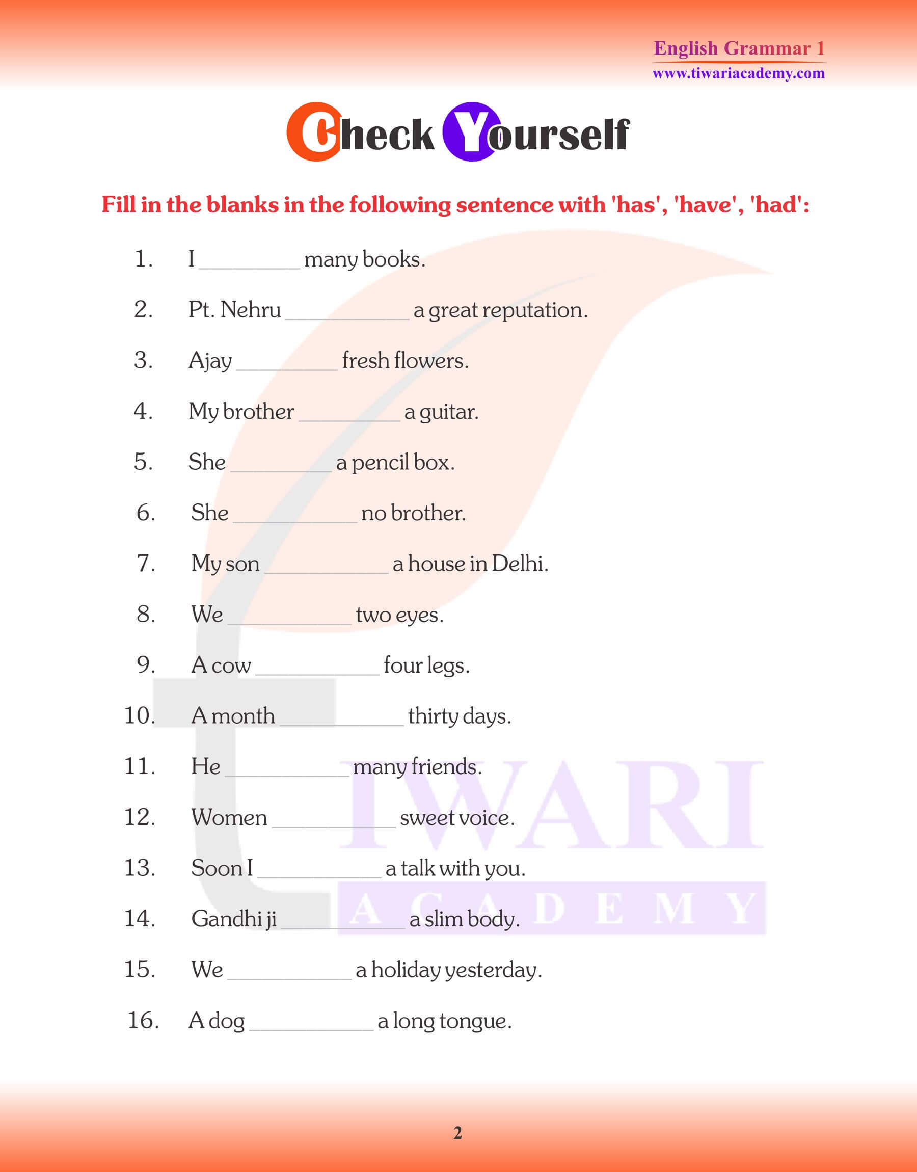 Class 1 English Grammar Chapter 9 Has and Have Worksheets