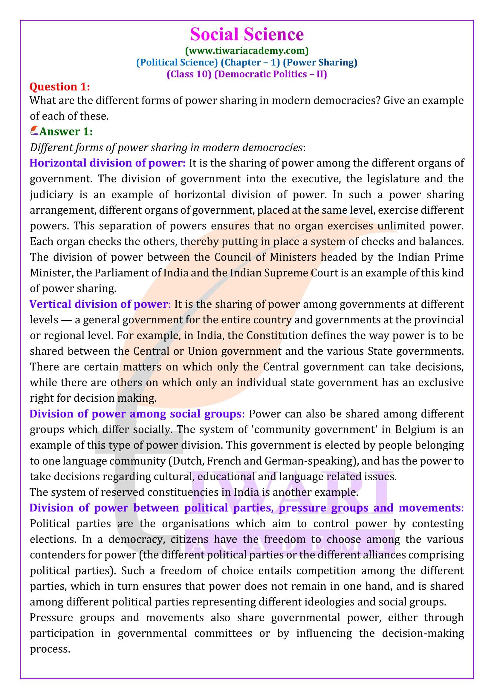 Class 10 Civics Chapter 1 Power Sharing