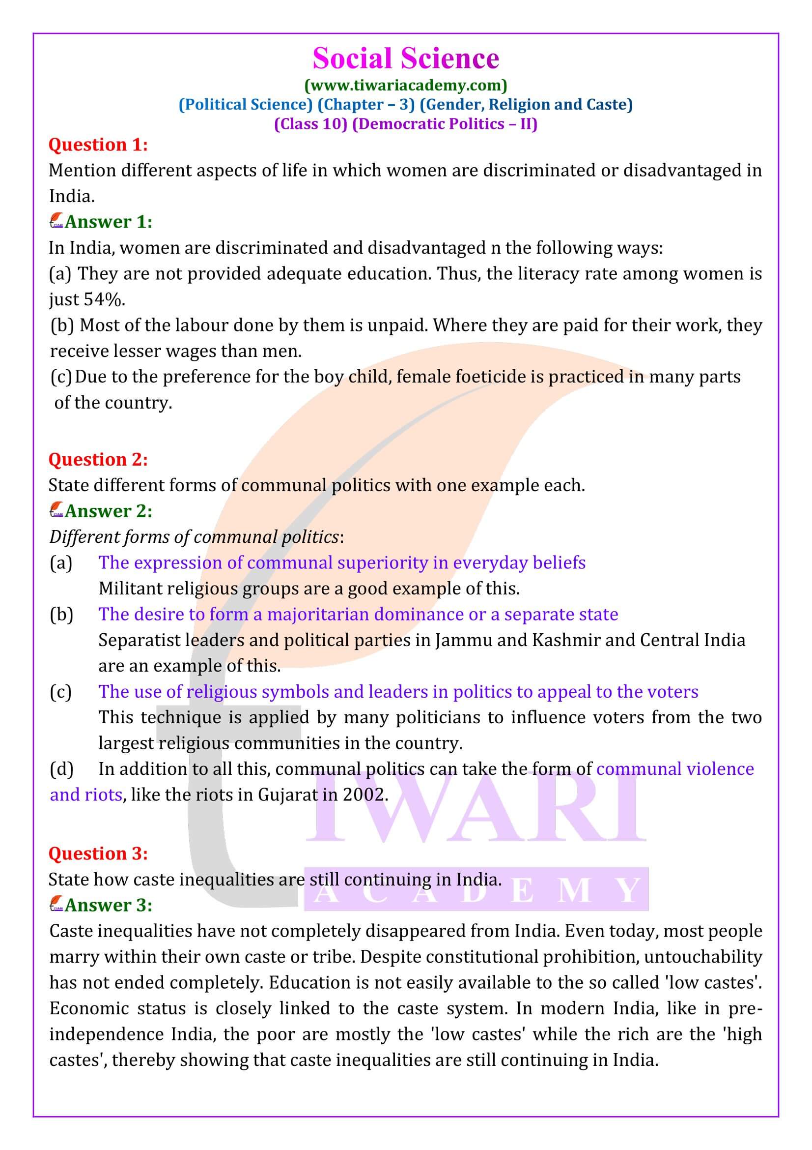 Class 10 Civics Chapter 3 Gender, Religion and Caste