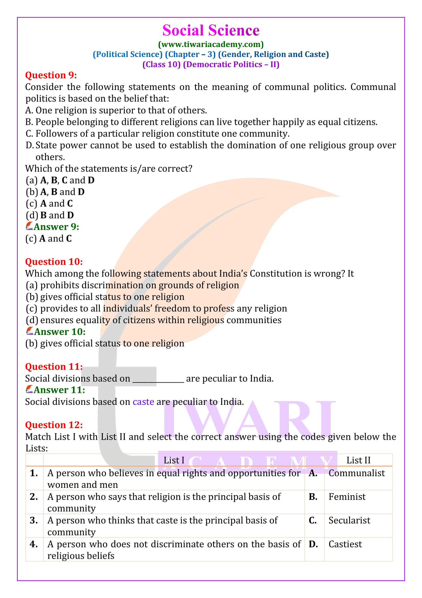 NCERT Solutions for Class 10 Civics Chapter 3 in English Medium