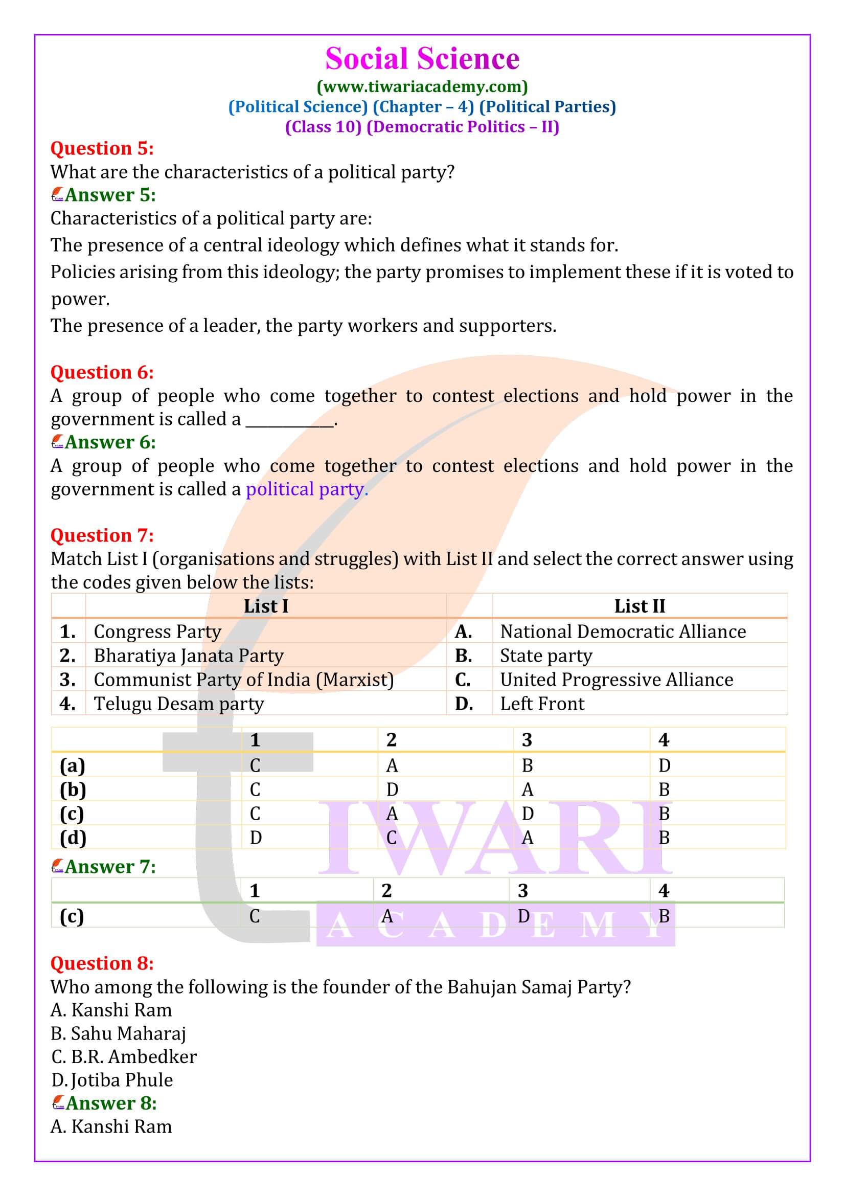 Class 10 Civics Chapter 4 Political Parties