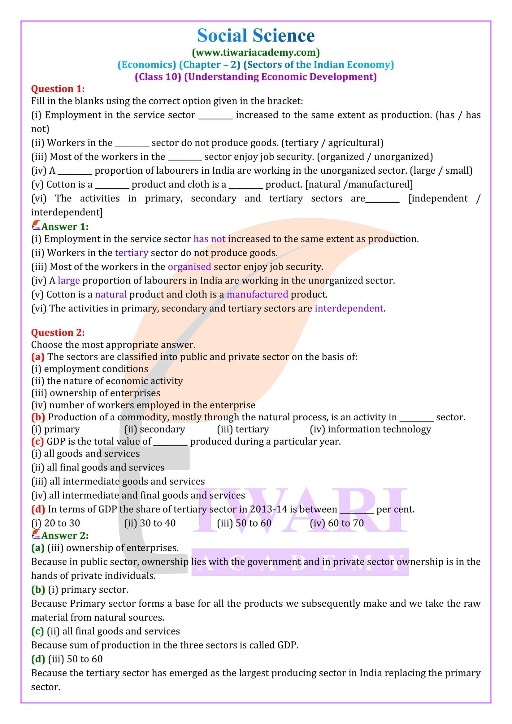 Class 10 Economics Chapter 2 Sectors of Indian Economy