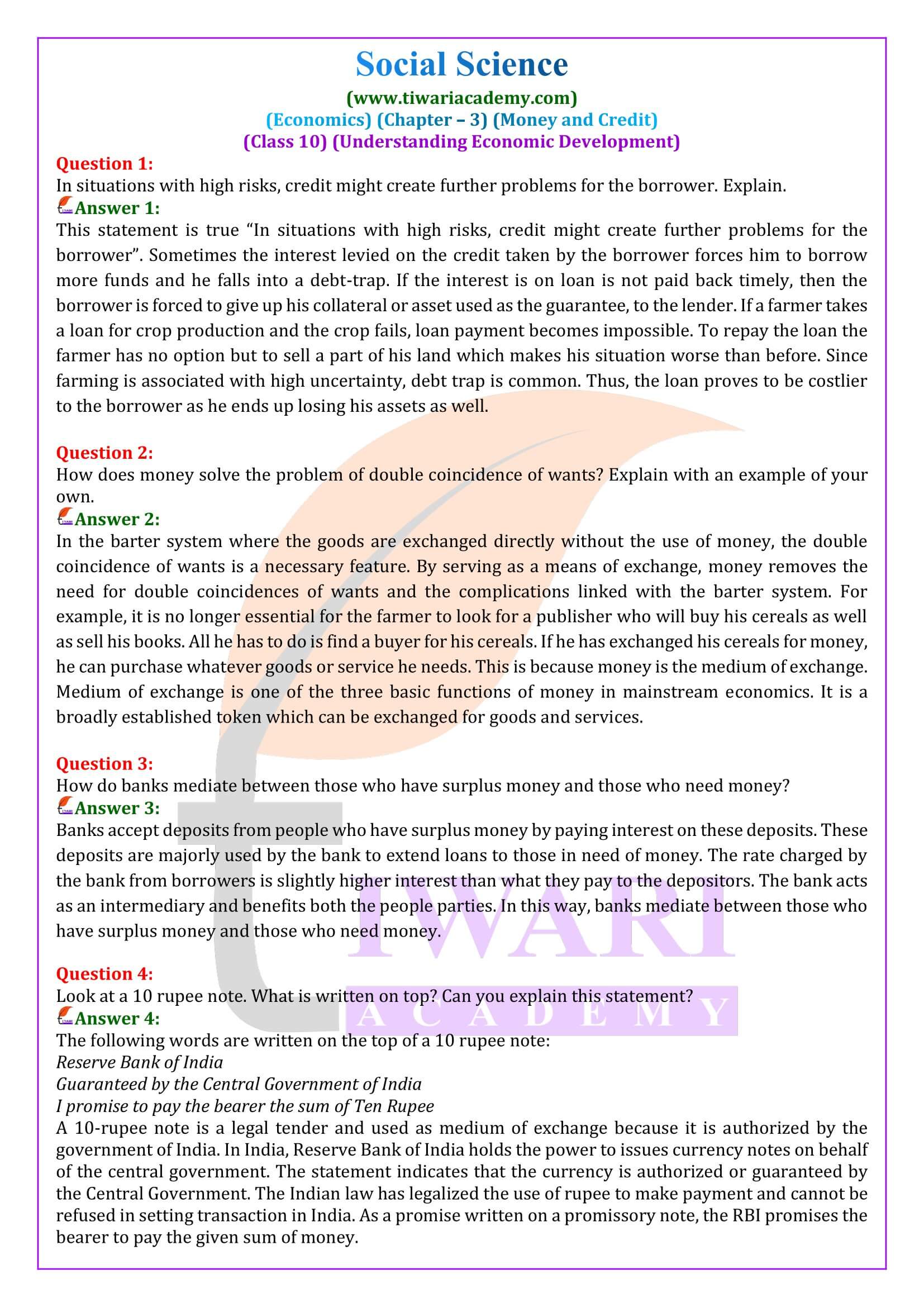 Class 10 Economics Chapter 3 Money and Credit