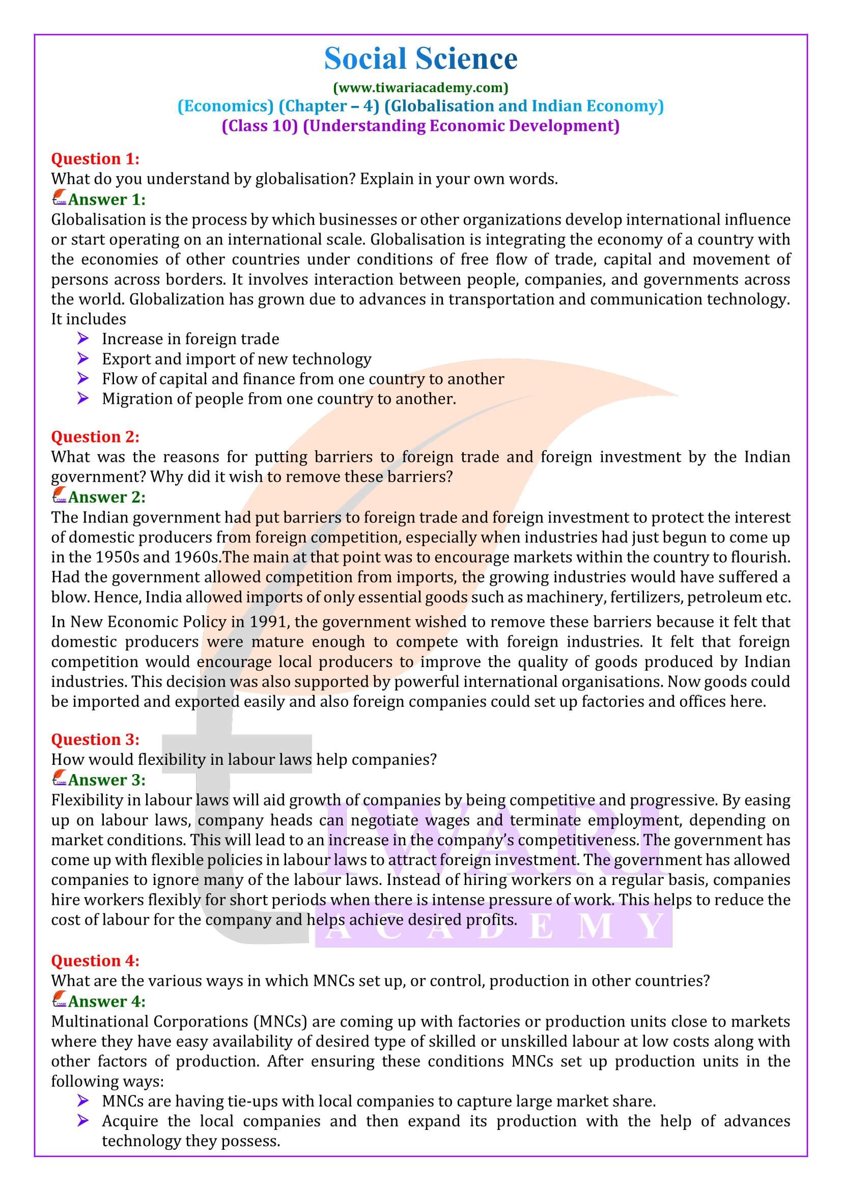 Class 10 Economics Chapter 4 Globalisation and the Indian Economy