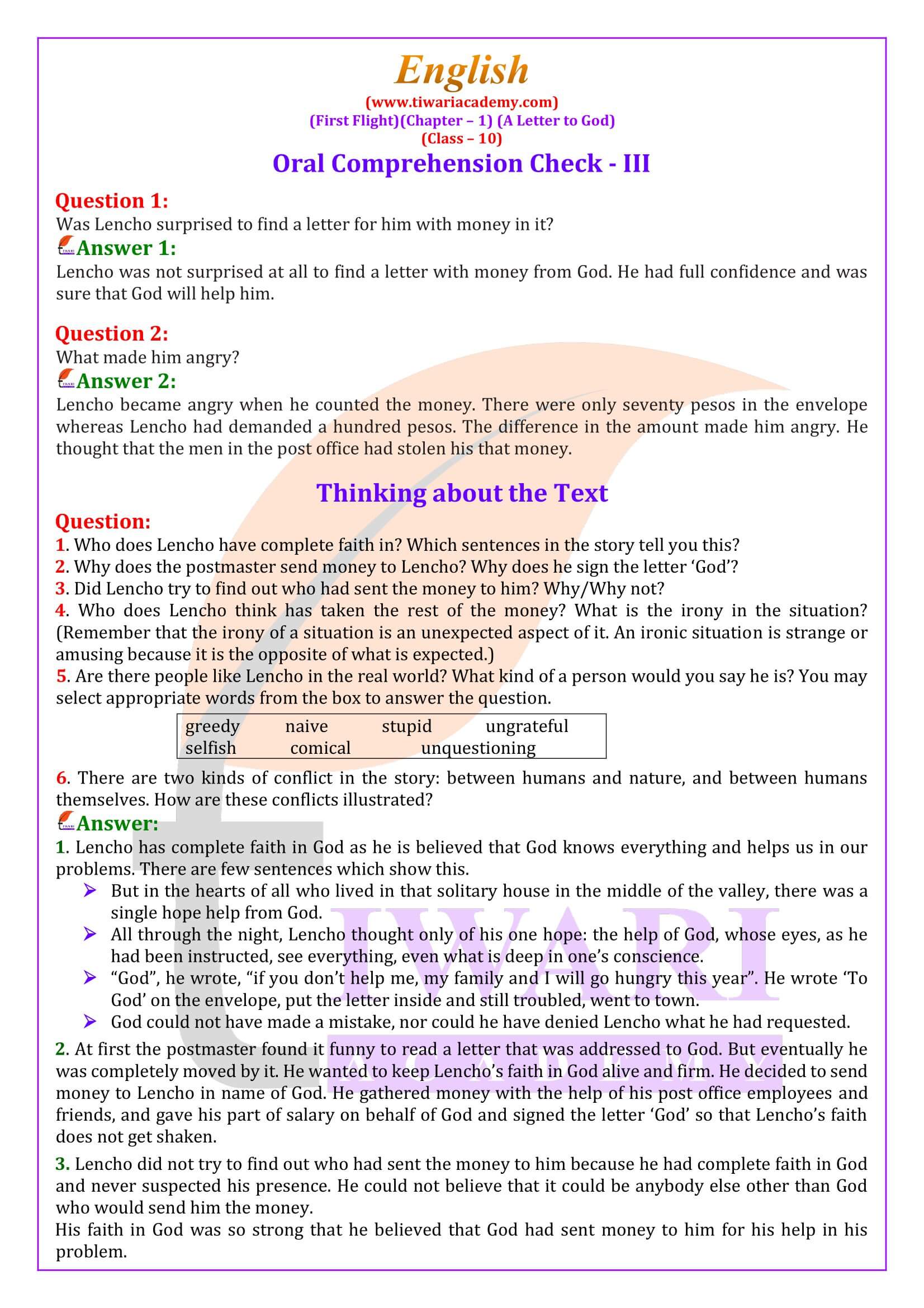 NCERT Solutions for Class 10 English First Flight Chapter 1 A Letter to God