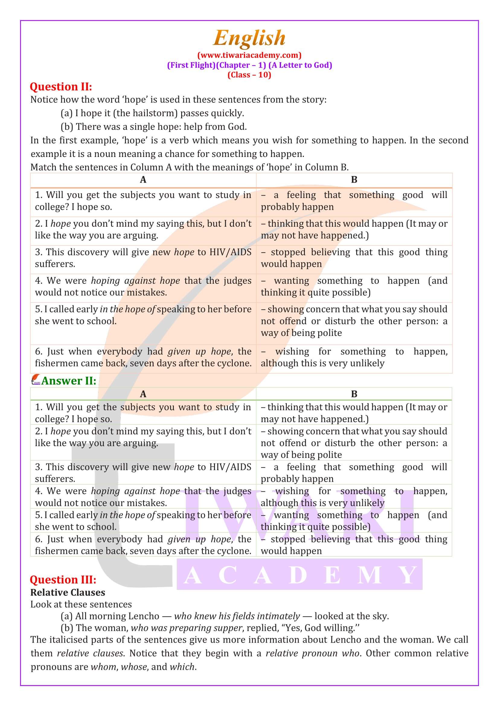 Class 10 English First Flight Chapter 1 A Letter to God question answers