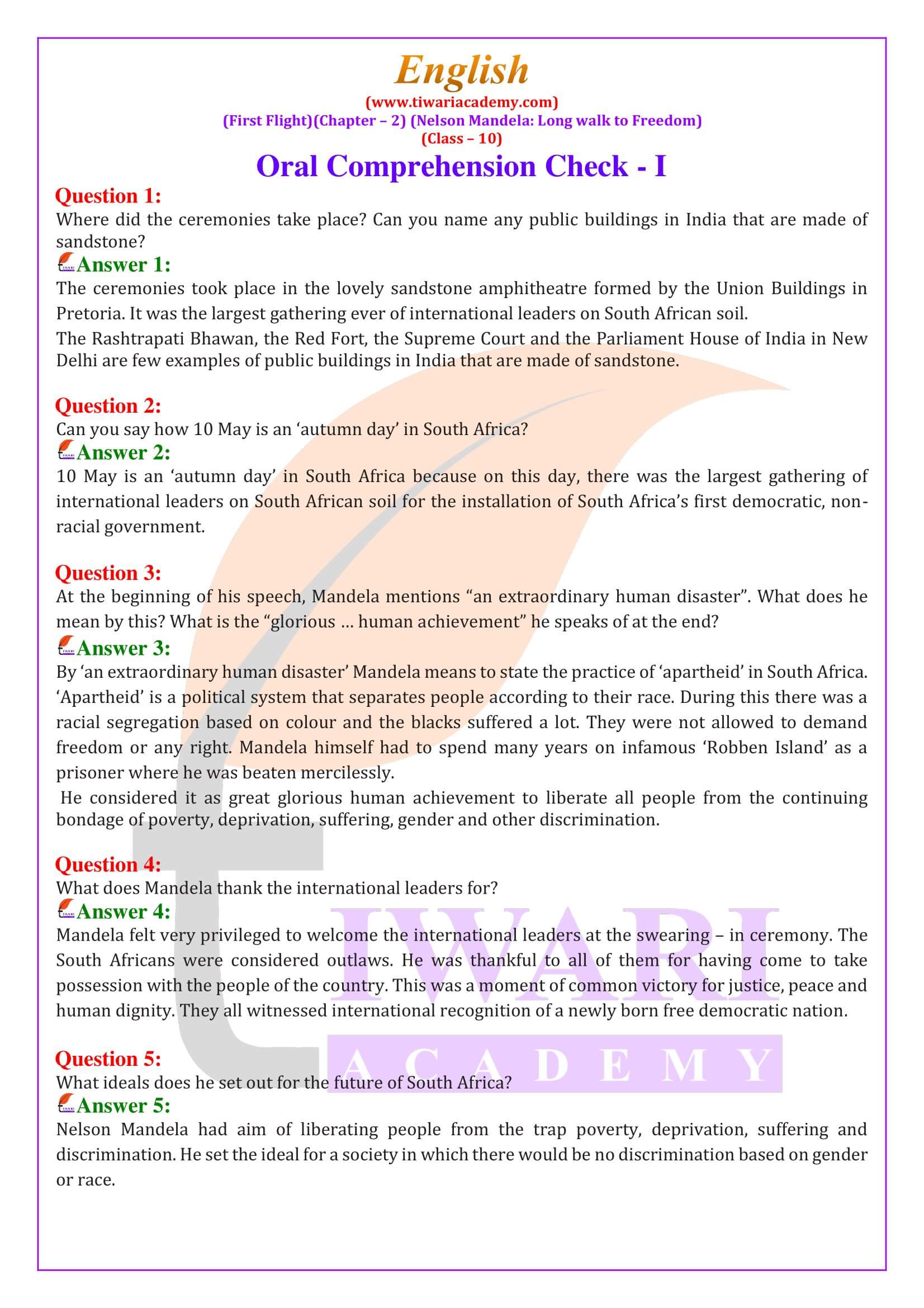 NCERT Solutions for Class 10 English First Flight Chapter 2 Nelson Mandela Long Walk to Freedom