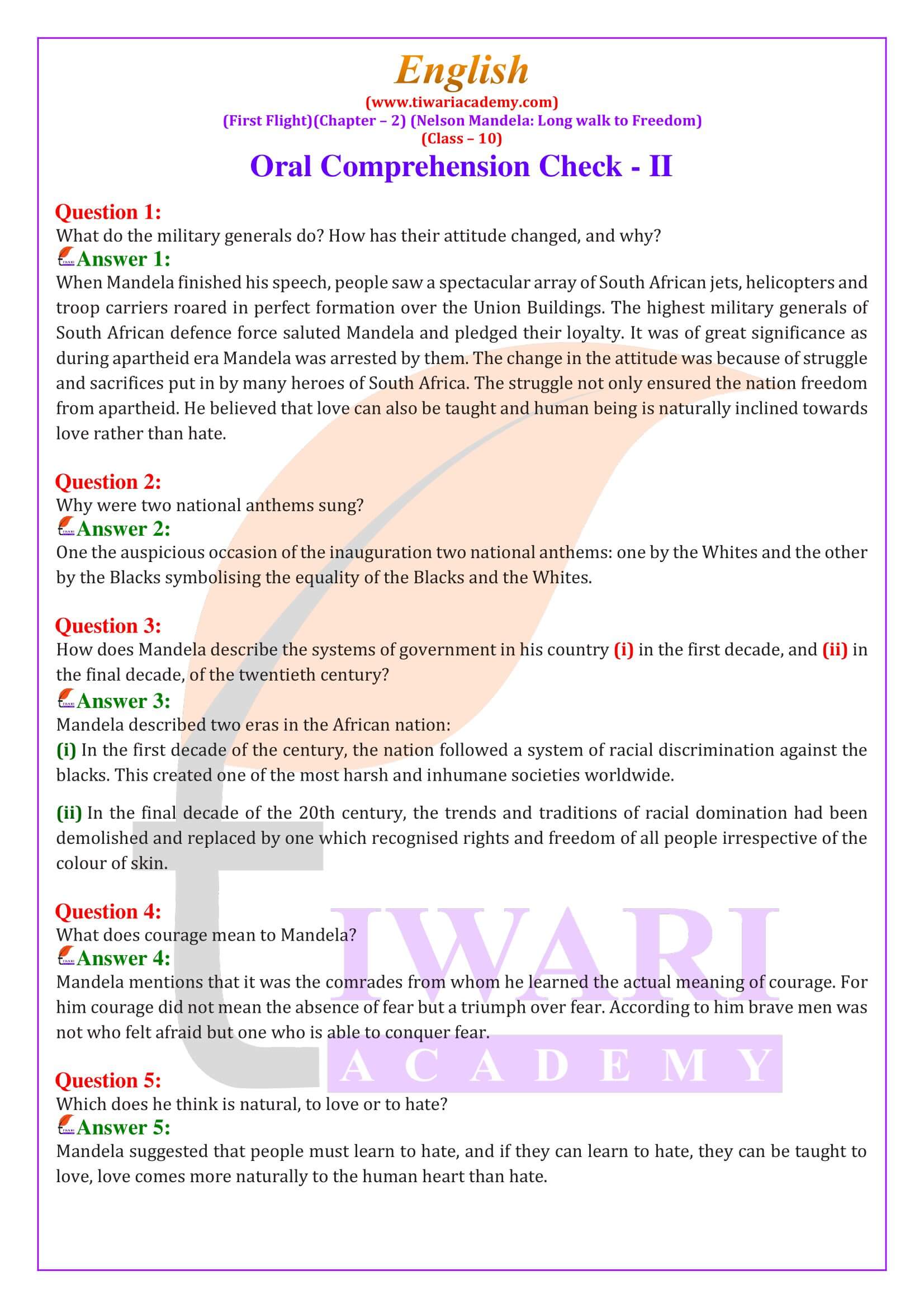 NCERT Solutions for Class 10 English First Flight Chapter 2 Nelson Mandela