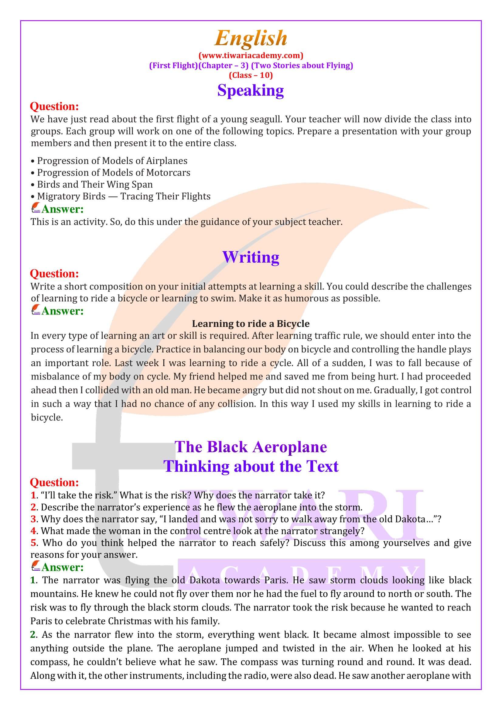 NCERT Solutions for Class 10 English First Flight Chapter 3 Two Stories about Flying Question Answers