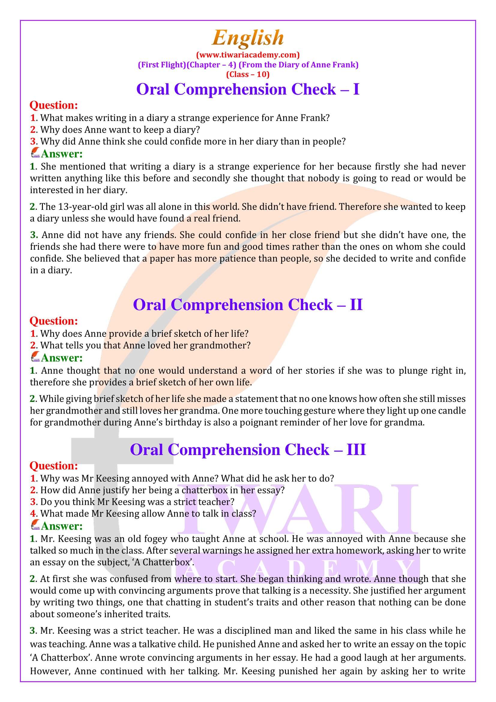 NCERT Solutions for Class 10 English First Flight Chapter 4 From the Diary of Anne Frank