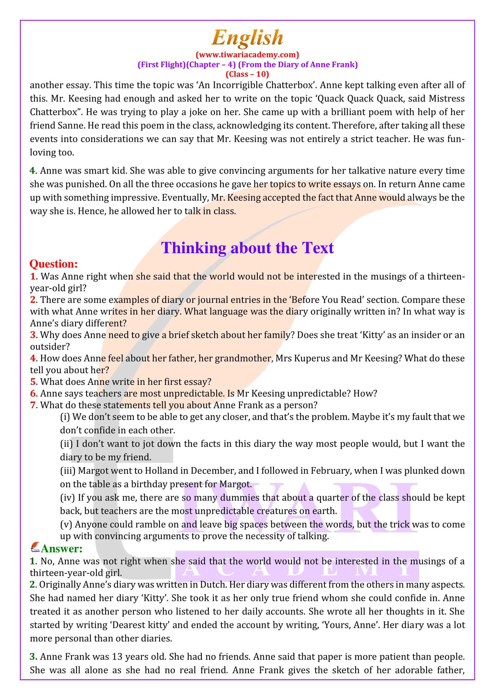 NCERT Solutions for Class 10 English First Flight Chapter 4 From the Diary of Anne Frank Question Answers
