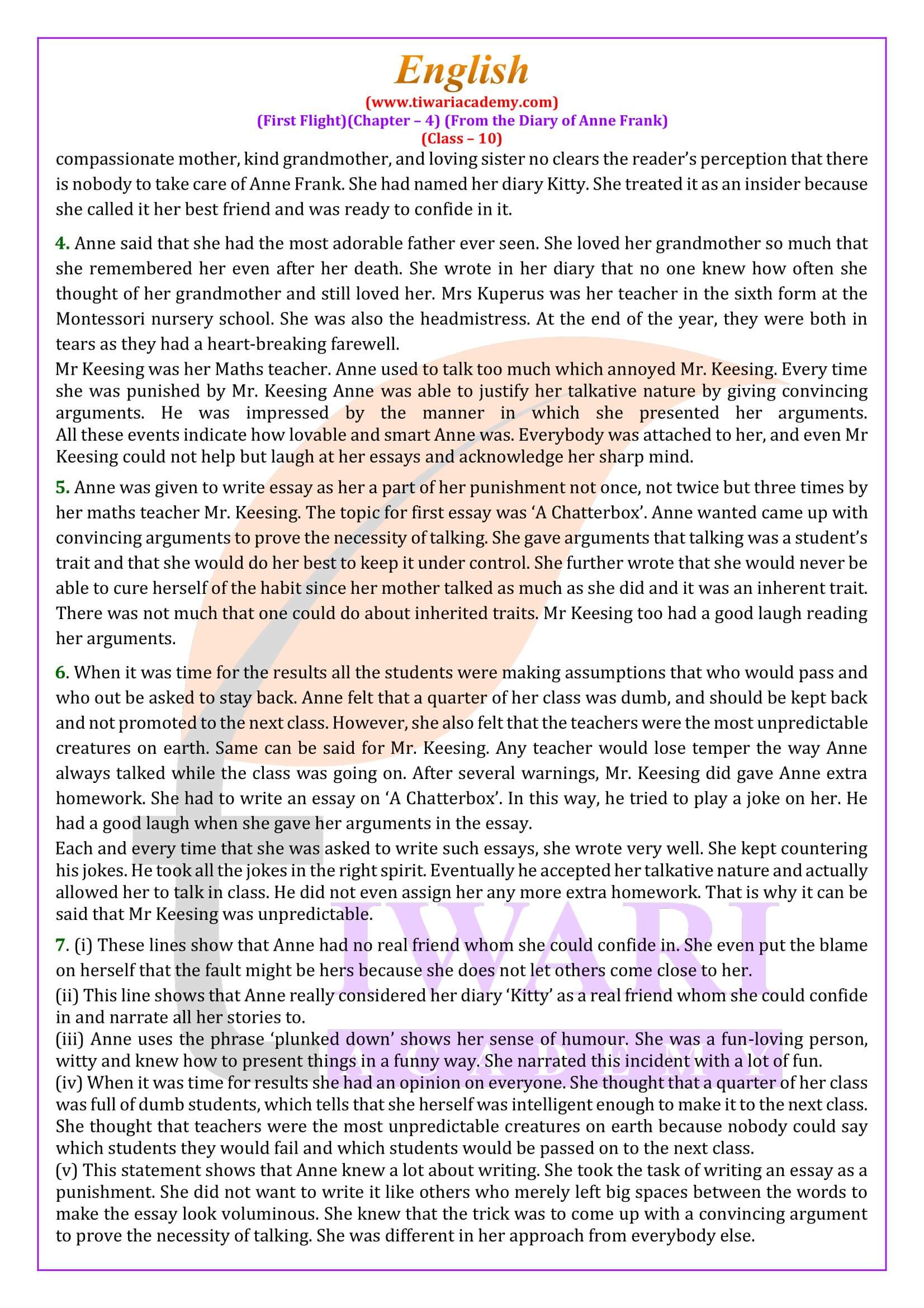 Class 10 English First Flight Chapter 4 From the Diary of Anne Frank