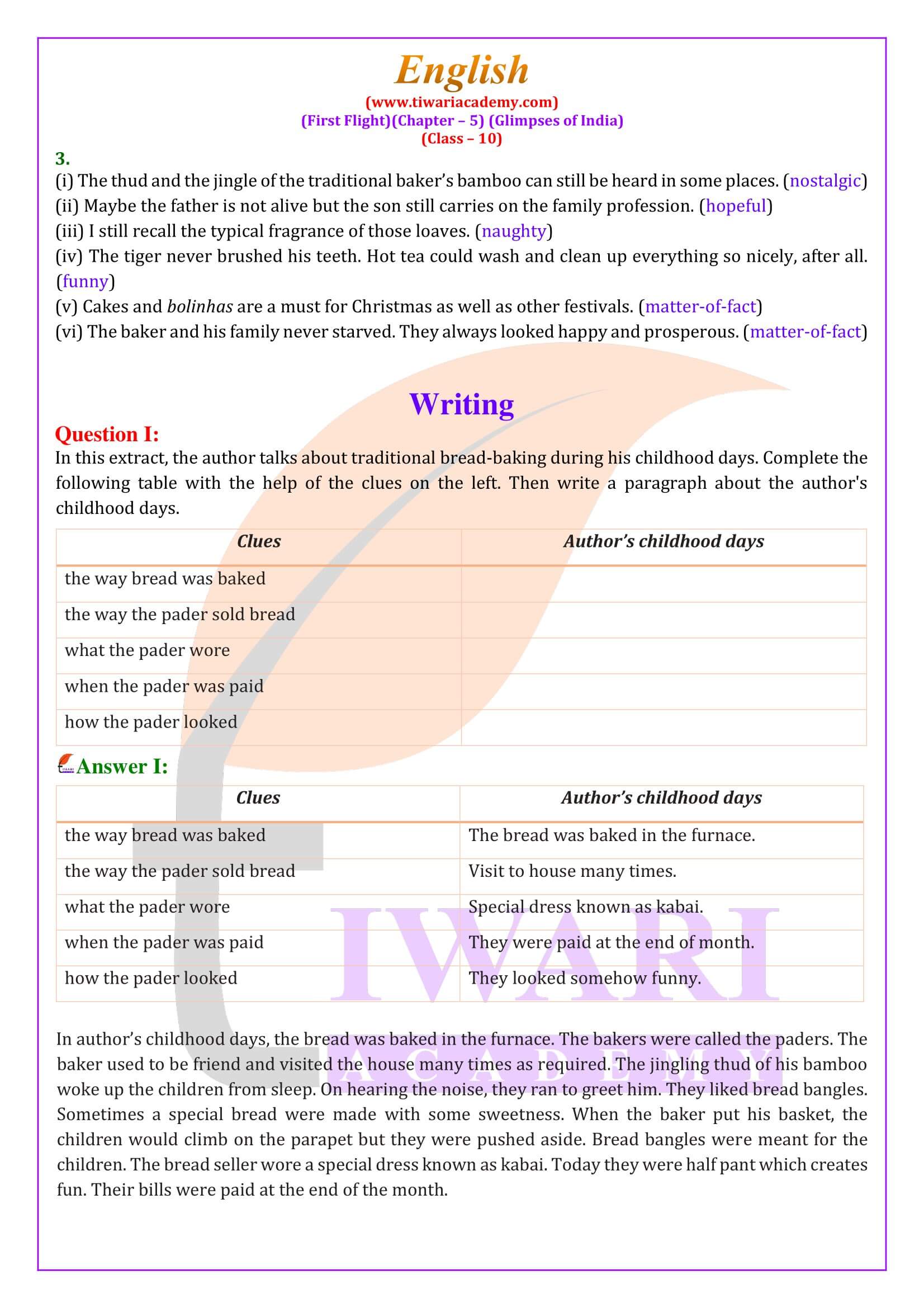 NCERT Solutions for Class 10 English First Flight Chapter 5 Glimpses of India Guide
