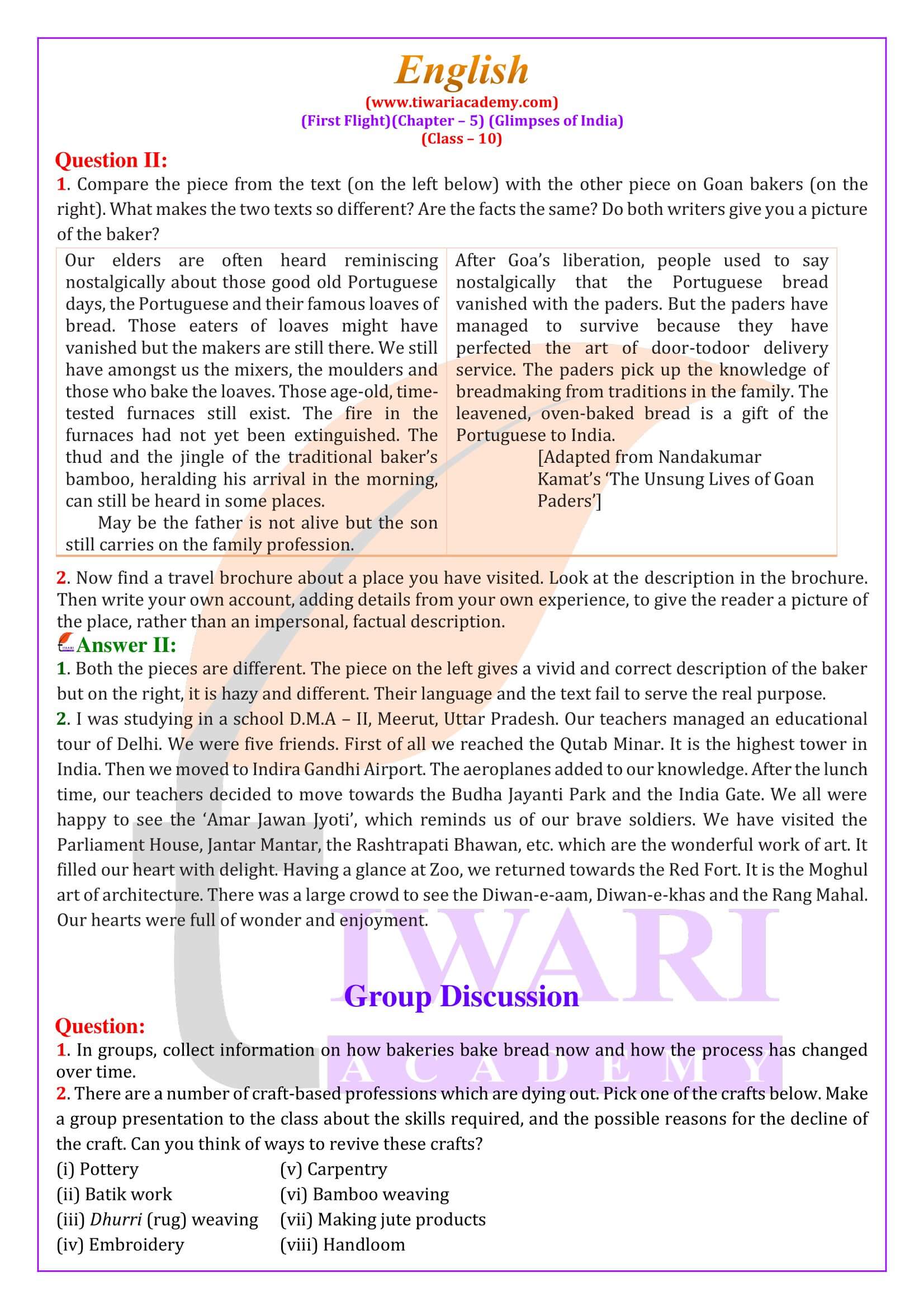 NCERT Solutions for Class 10 English First Flight Chapter 5 Glimpses of India Explanation