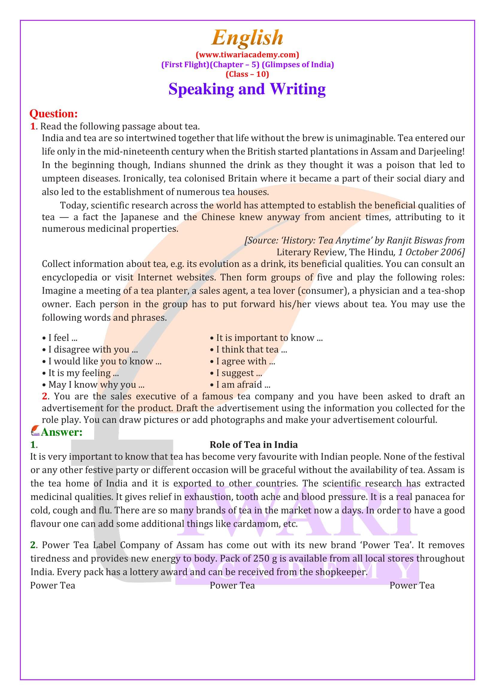 Class 10 English First Flight Chapter 5 Glimpses of India answers guide