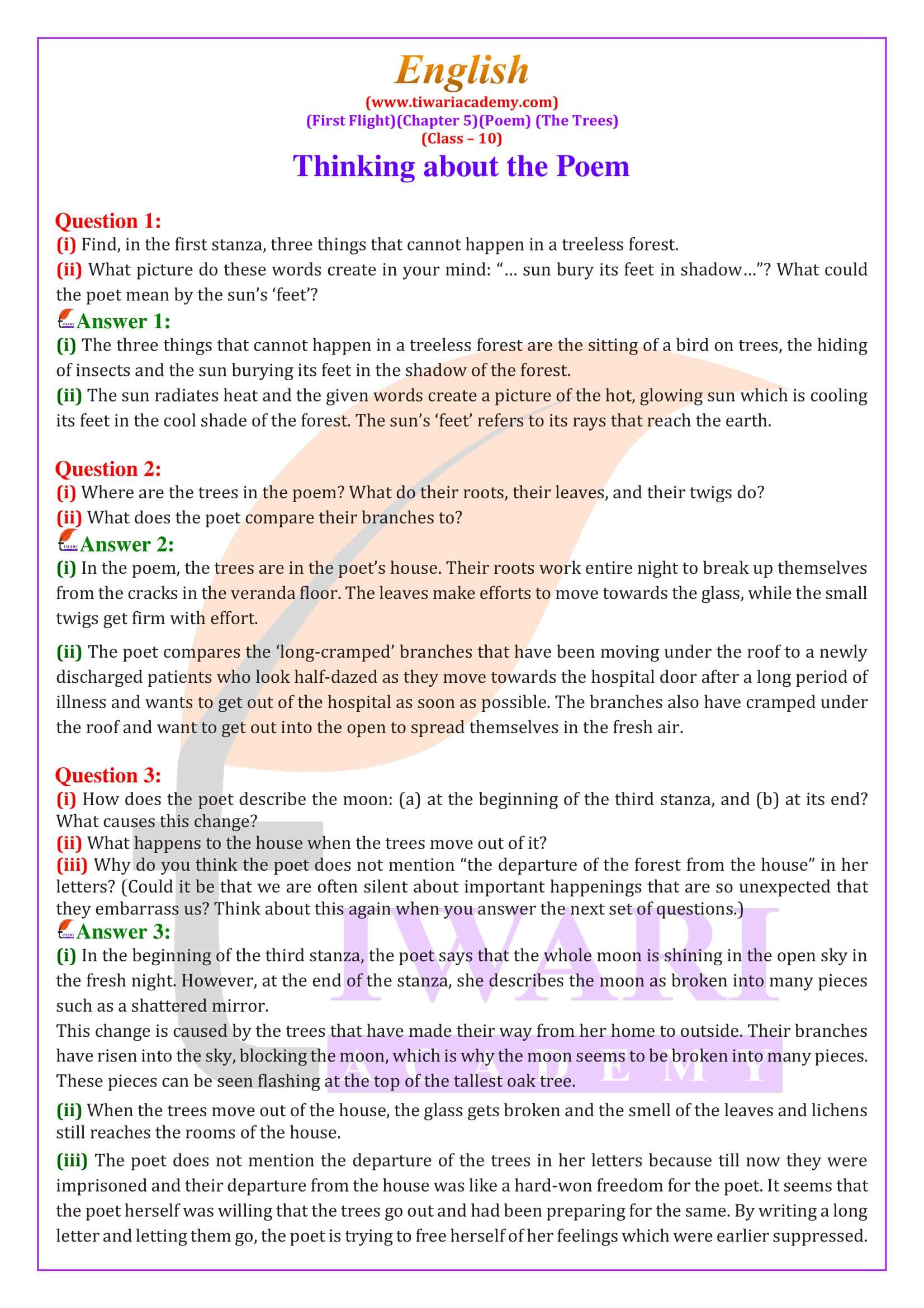 Class 10 English Chapter 5 Poem The Trees