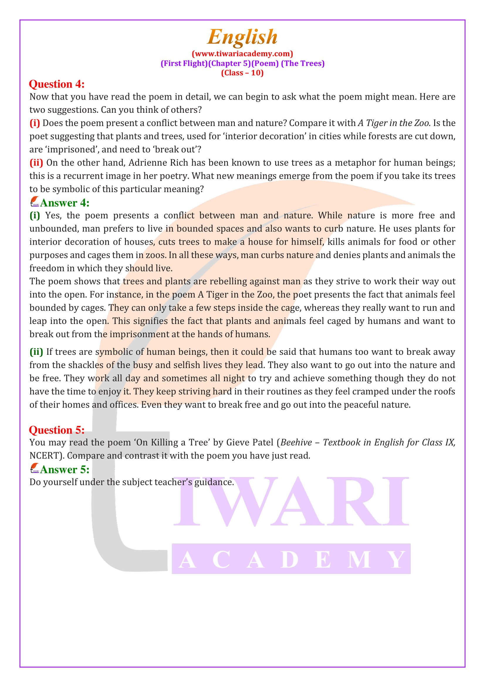 Class 10 English Chapter 5 Poem The Trees answers