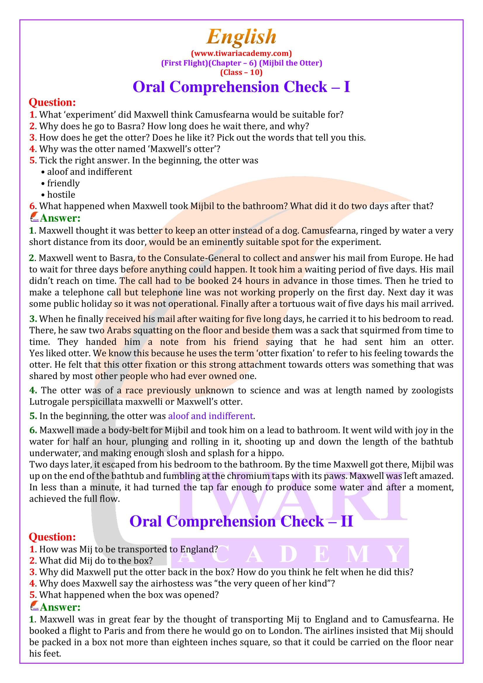 NCERT Solutions for Class 10 English First Flight Chapter 6 Mijbil the Otter
