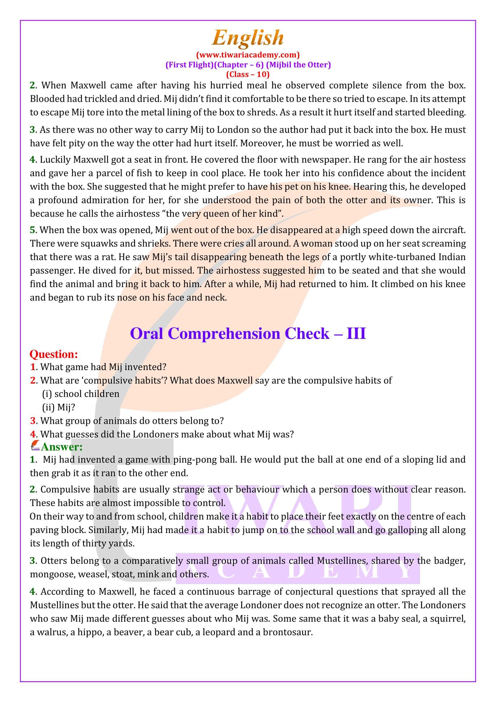 NCERT Solutions for Class 10 English First Flight Chapter 6 Mijbil the Otter Question Answers